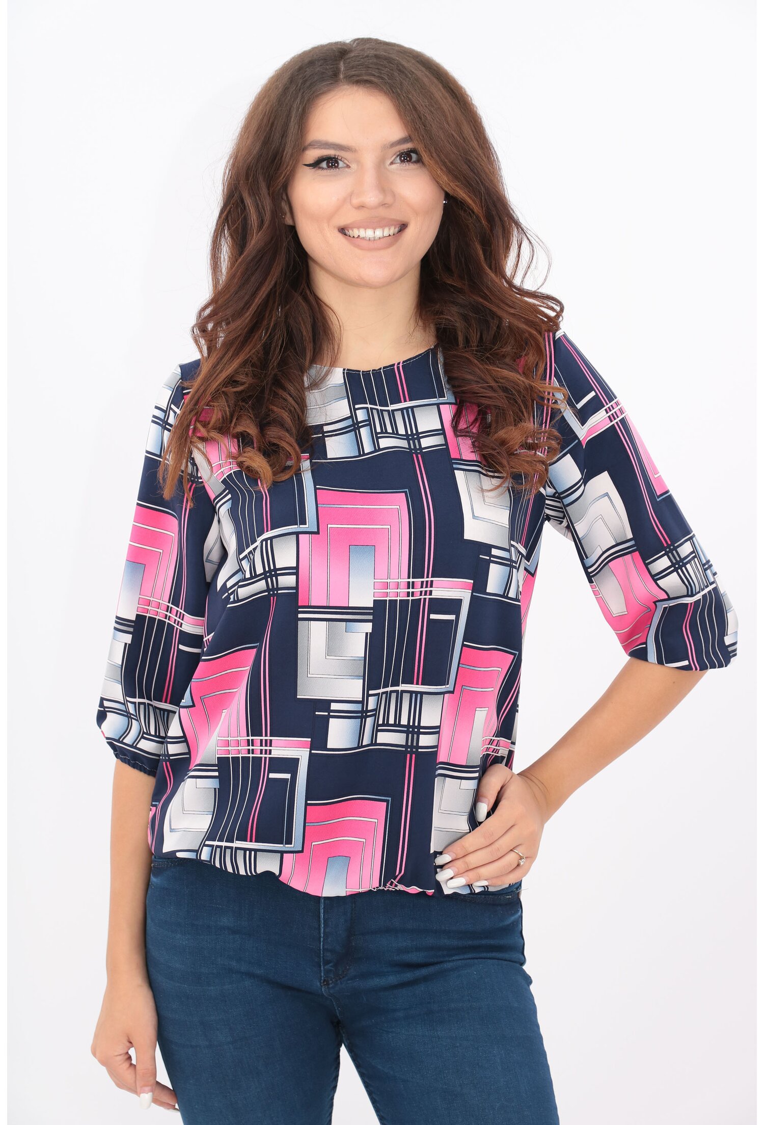 Bluza bleumarin cu patrate roz si gri