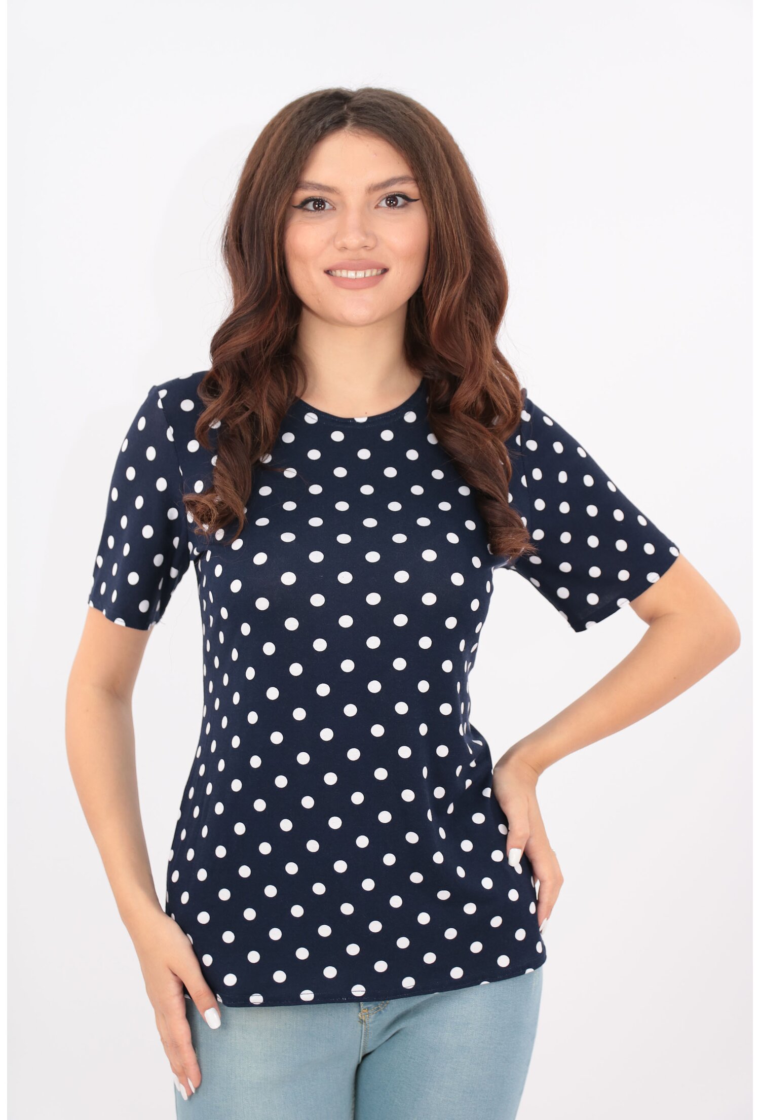 Bluza bleumarin cu print buline albe