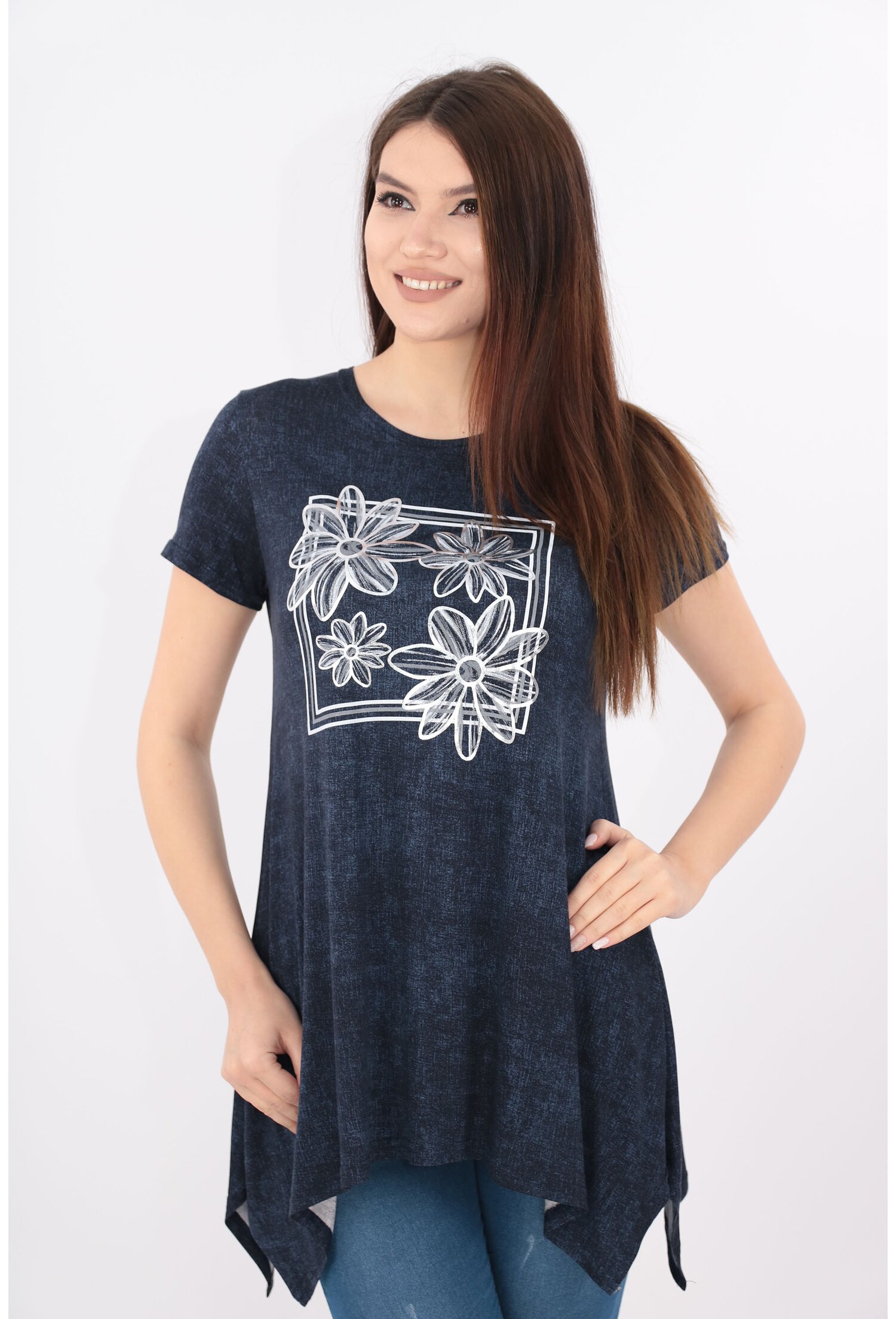 Bluza bleumarin cu print floral argintiu