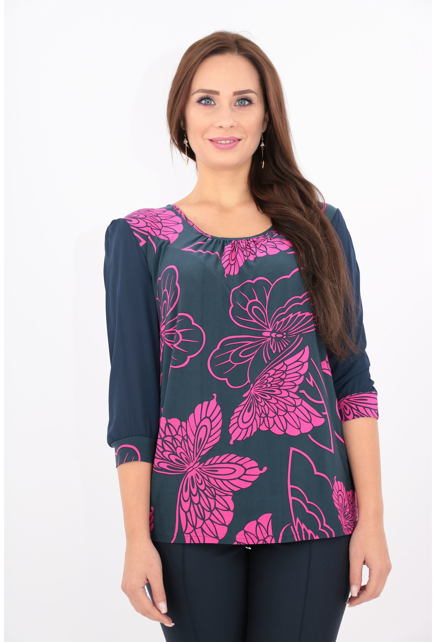 Bluza bleumarin cu print fucsia