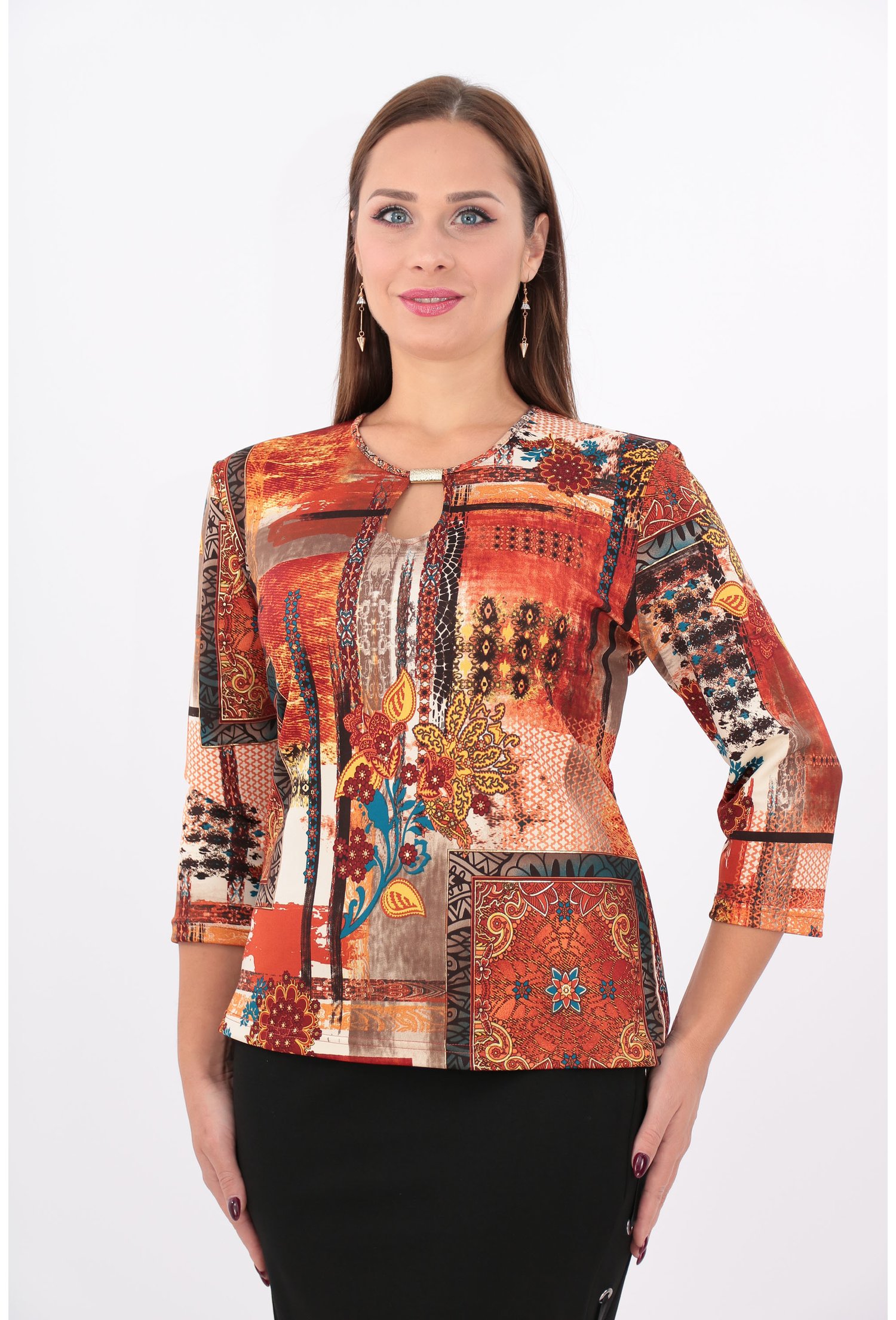 Bluza caramizie cu model geometric