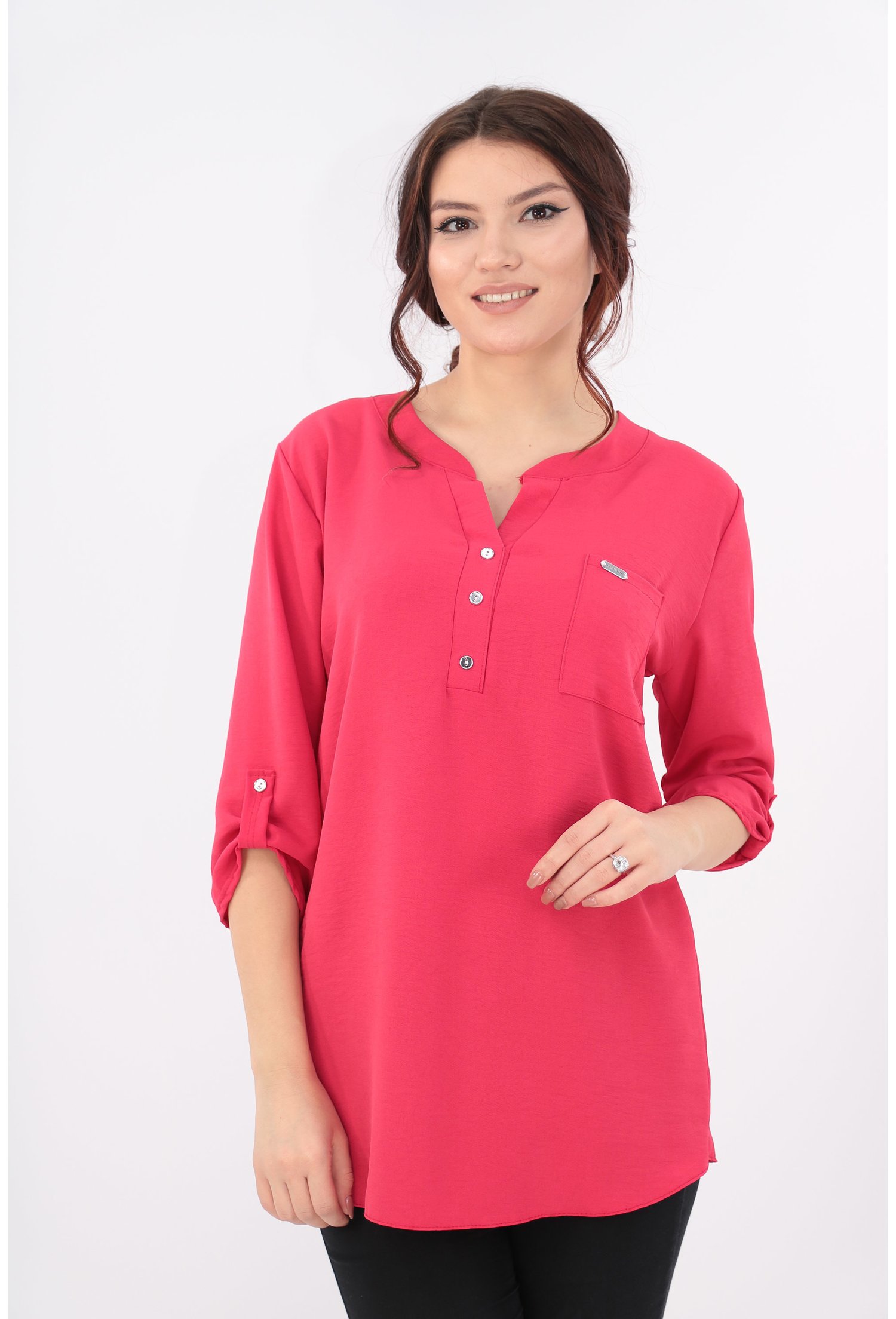 Bluza ciclamen cu guler tunica si buzunar