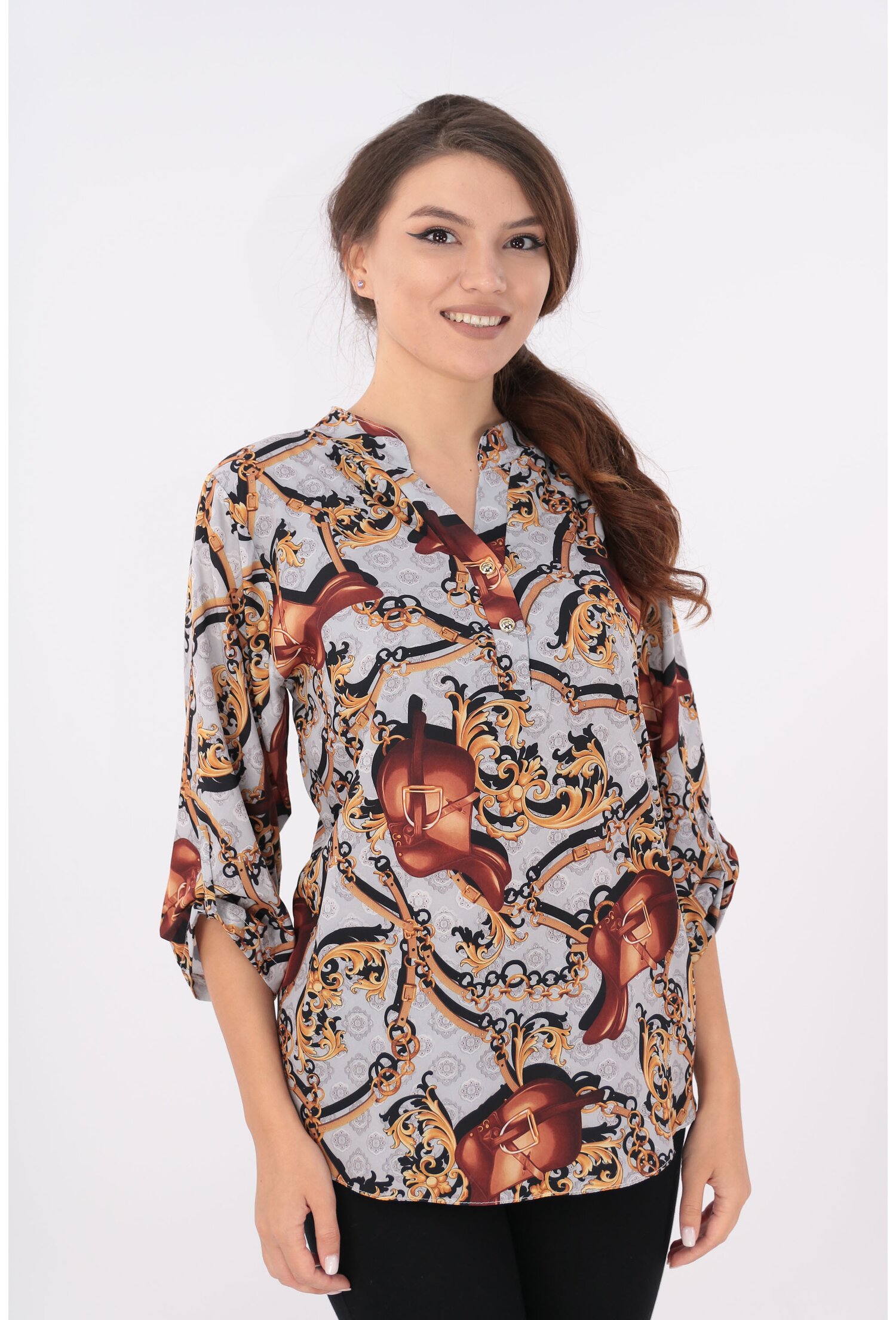 Bluza cu print abstract maro si guler tunica