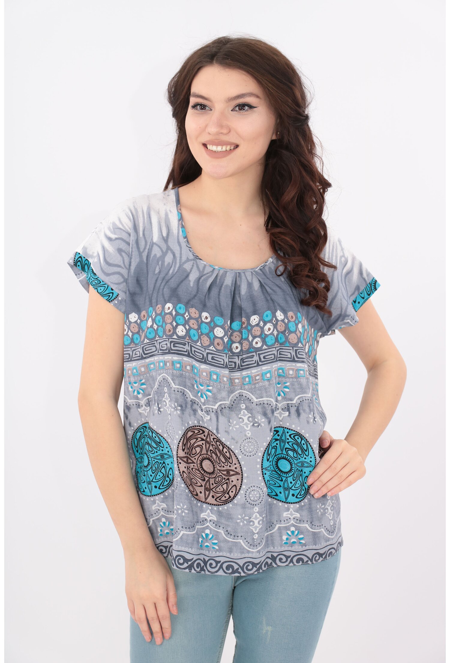 Bluza din bumbac gri cu print bordurat