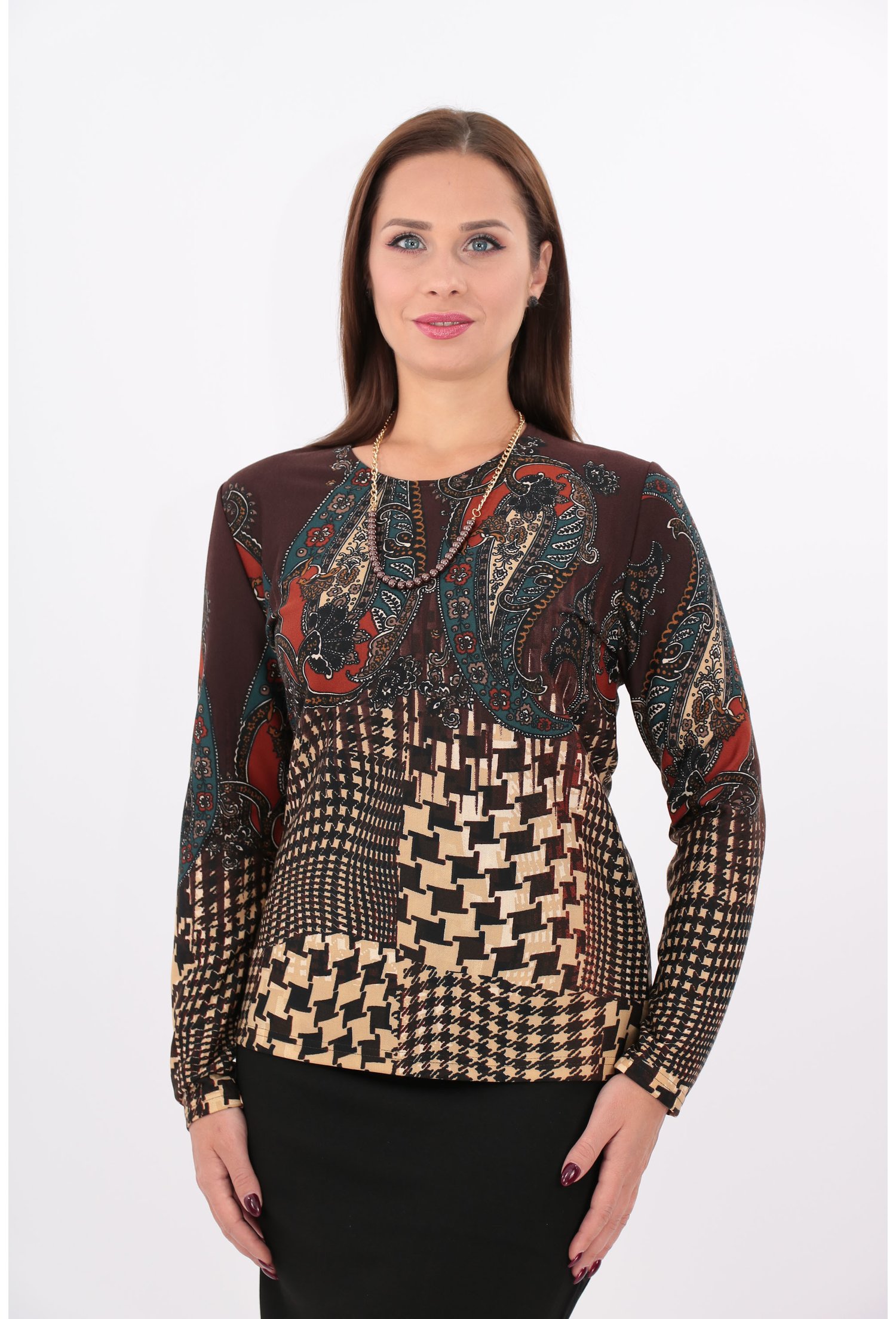Bluza din jerse maro si bej cu print floral