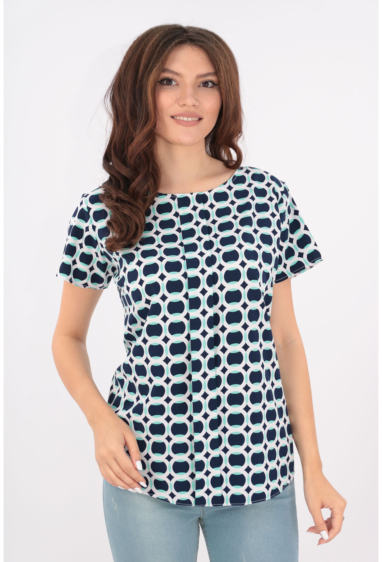 Bluza lejera bleumarin cu cercuri albe