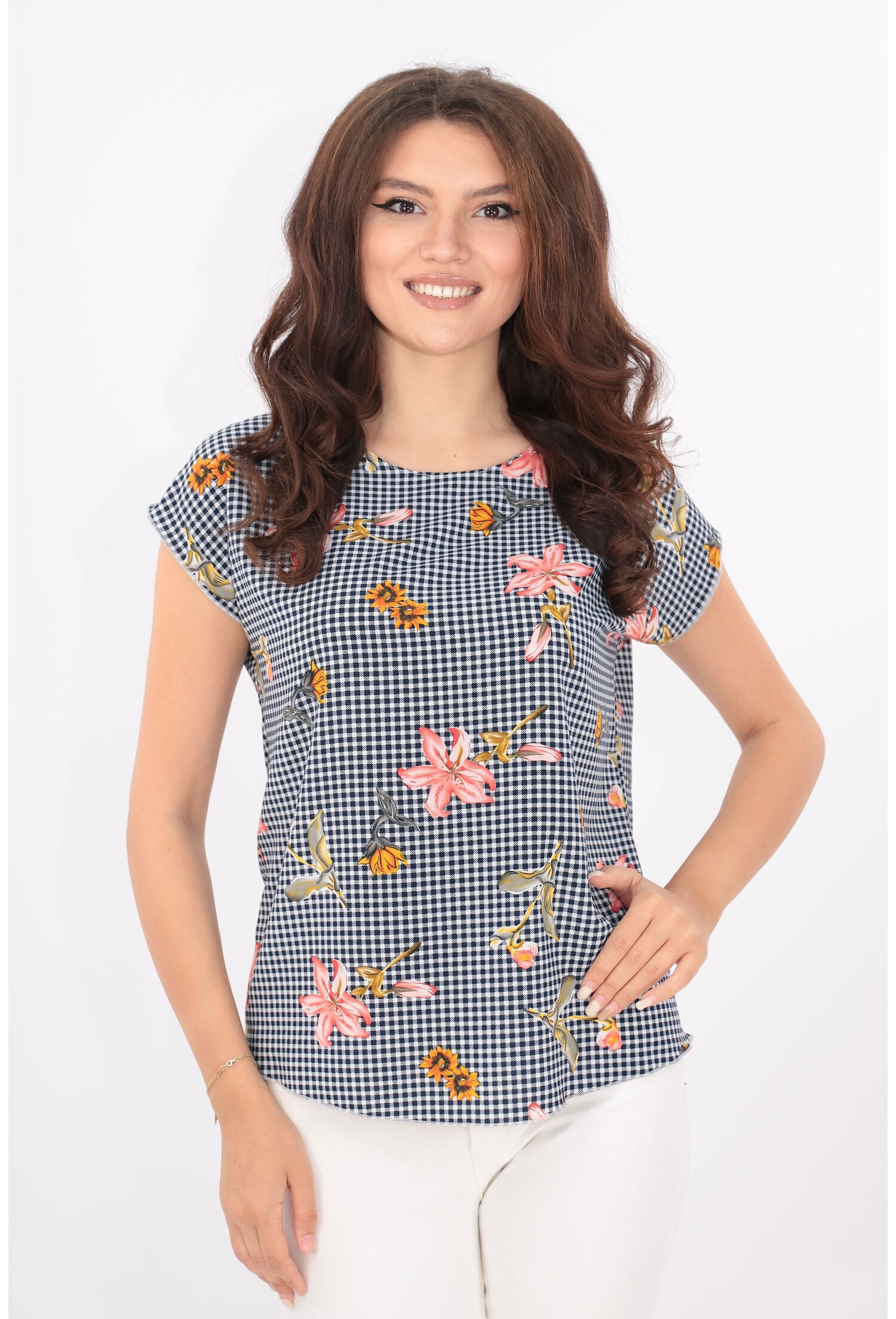 Bluza lejera cu print floral si carouri bleumarin