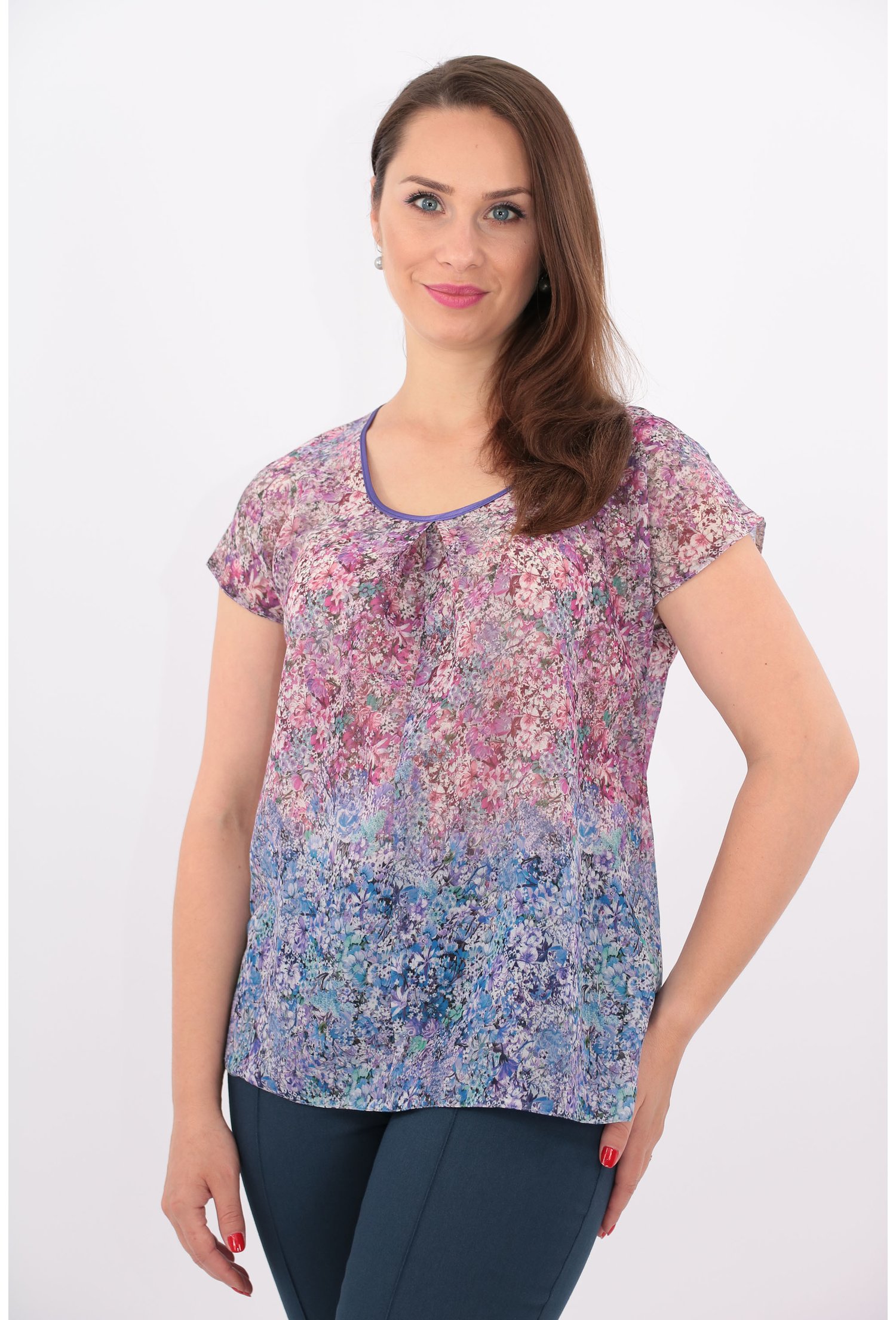 Bluza lila din voal cu bordura albastra