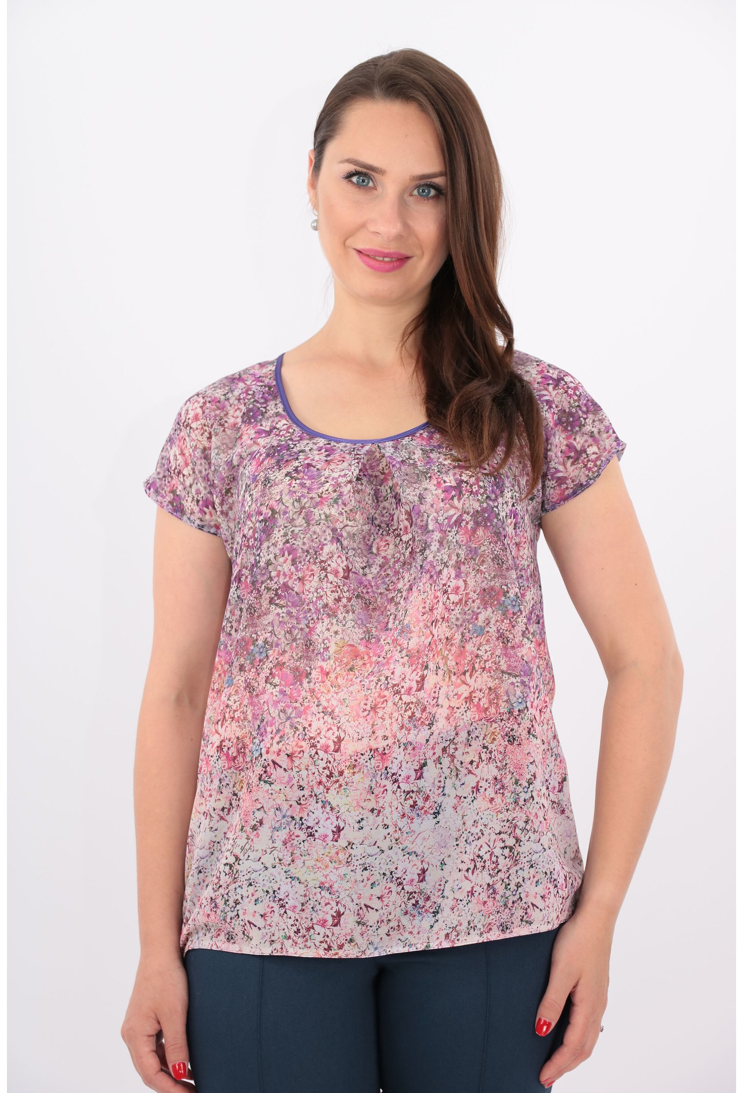 Bluza lila din voal cu bordura roz