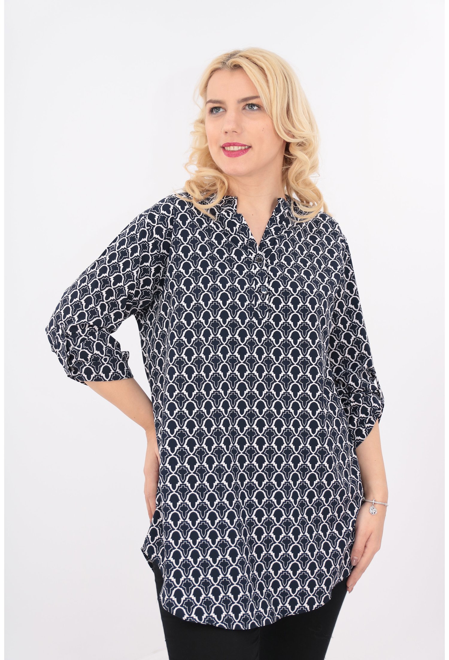 Bluza lunga cu imprimeu bleumarin