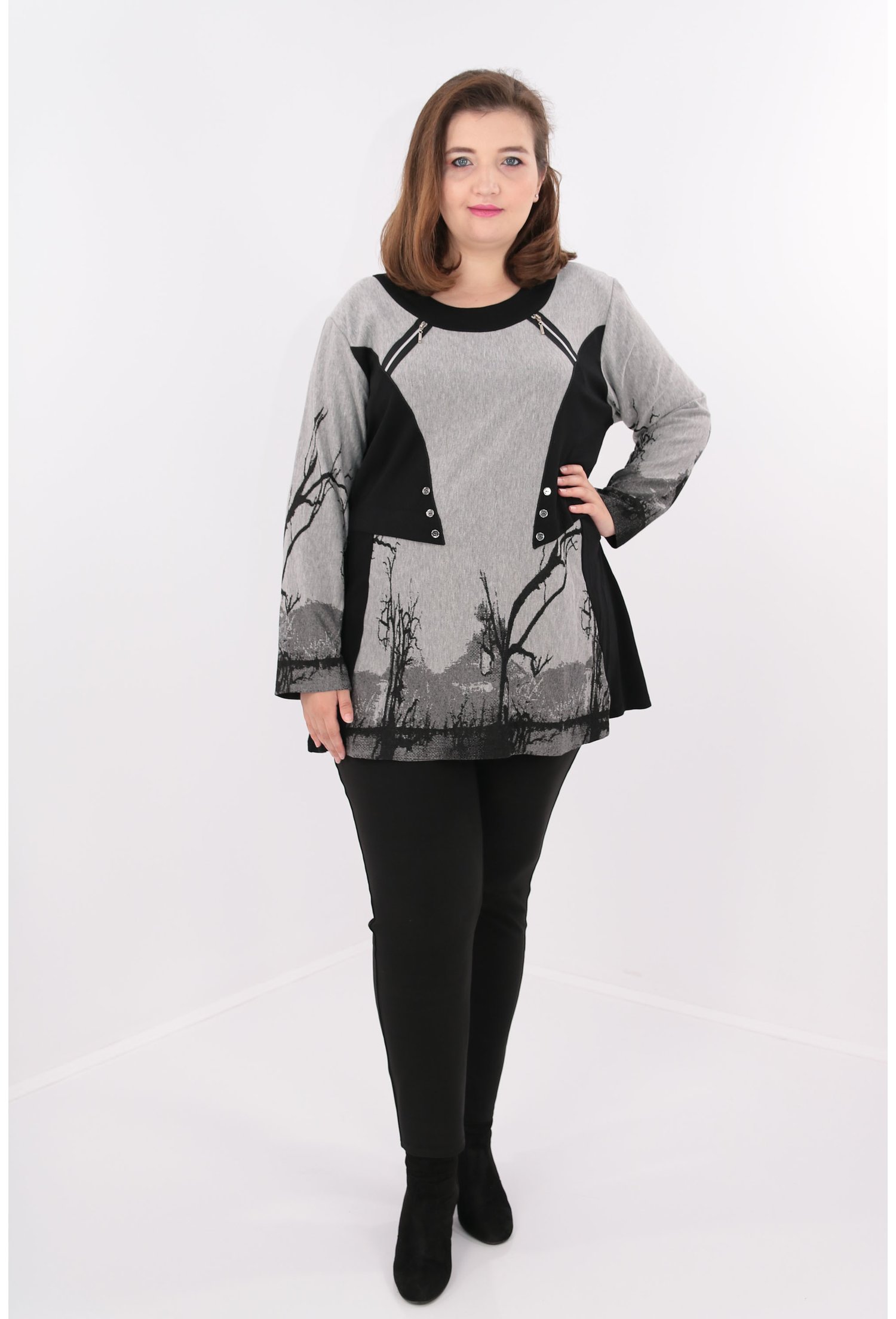 Bluza lunga gri cu negru