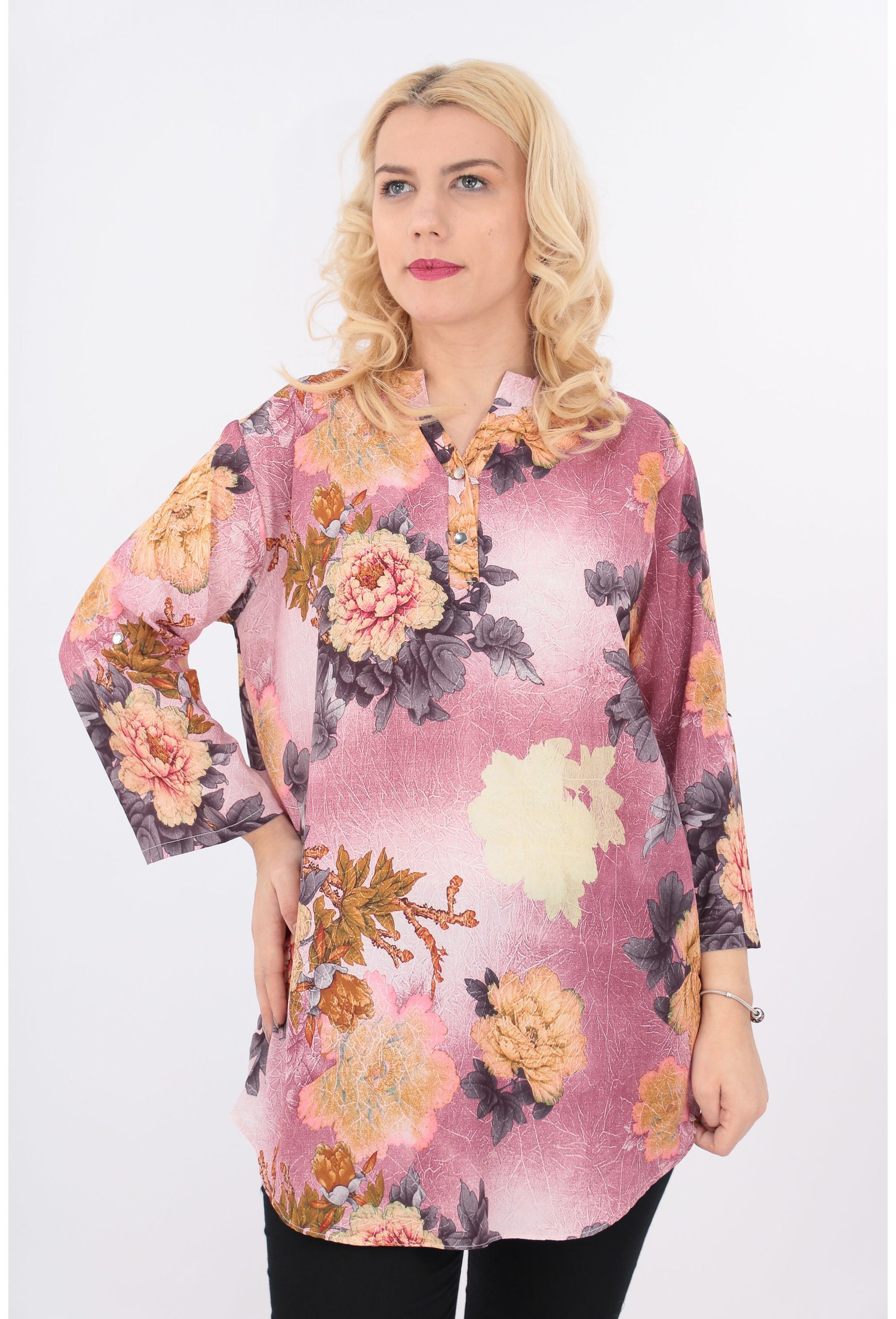 Bluza lunga roz cu print floral