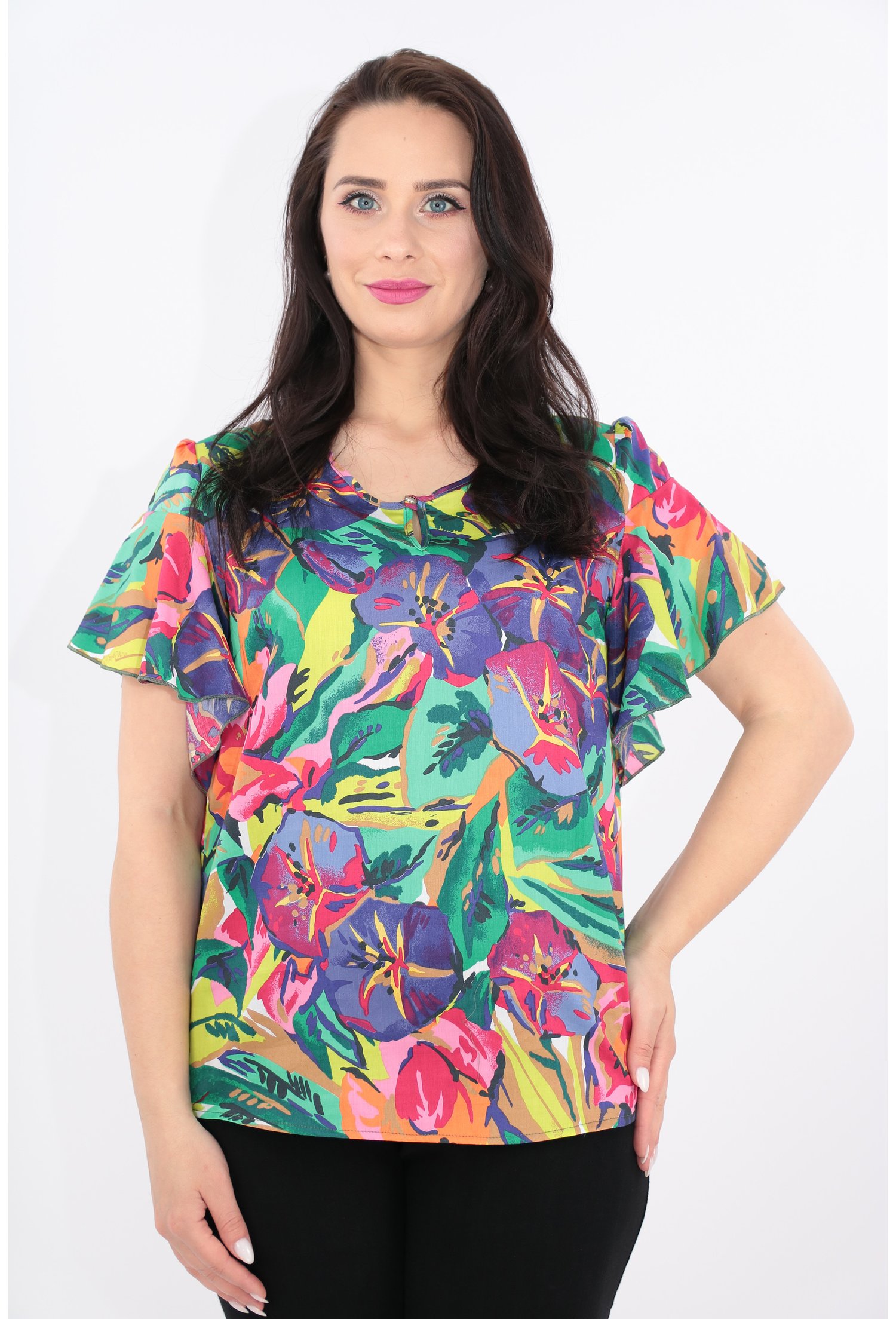Bluza multicolora cu maneci scurte cu volane