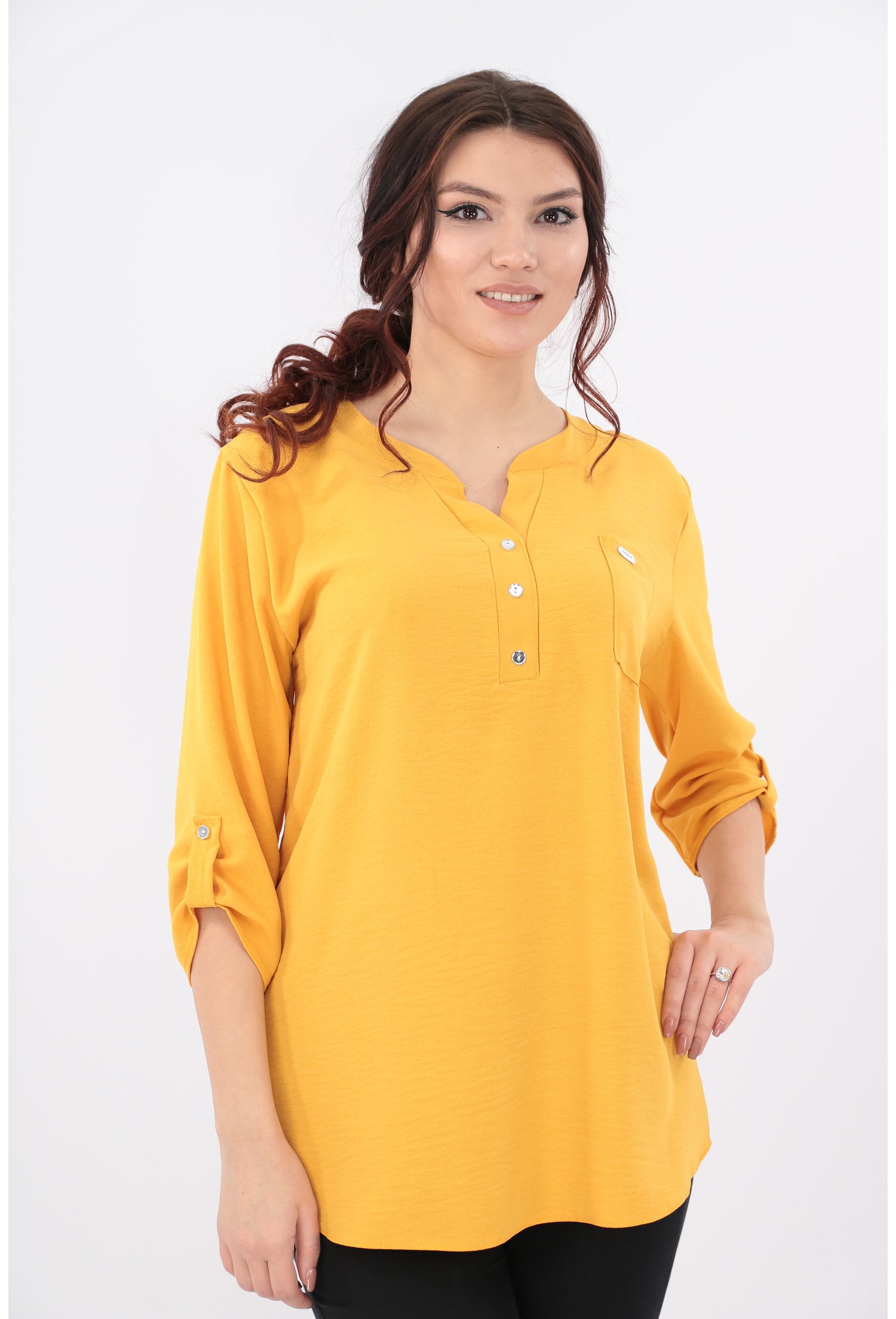 Bluza mustar cu guler tunica si buzunar