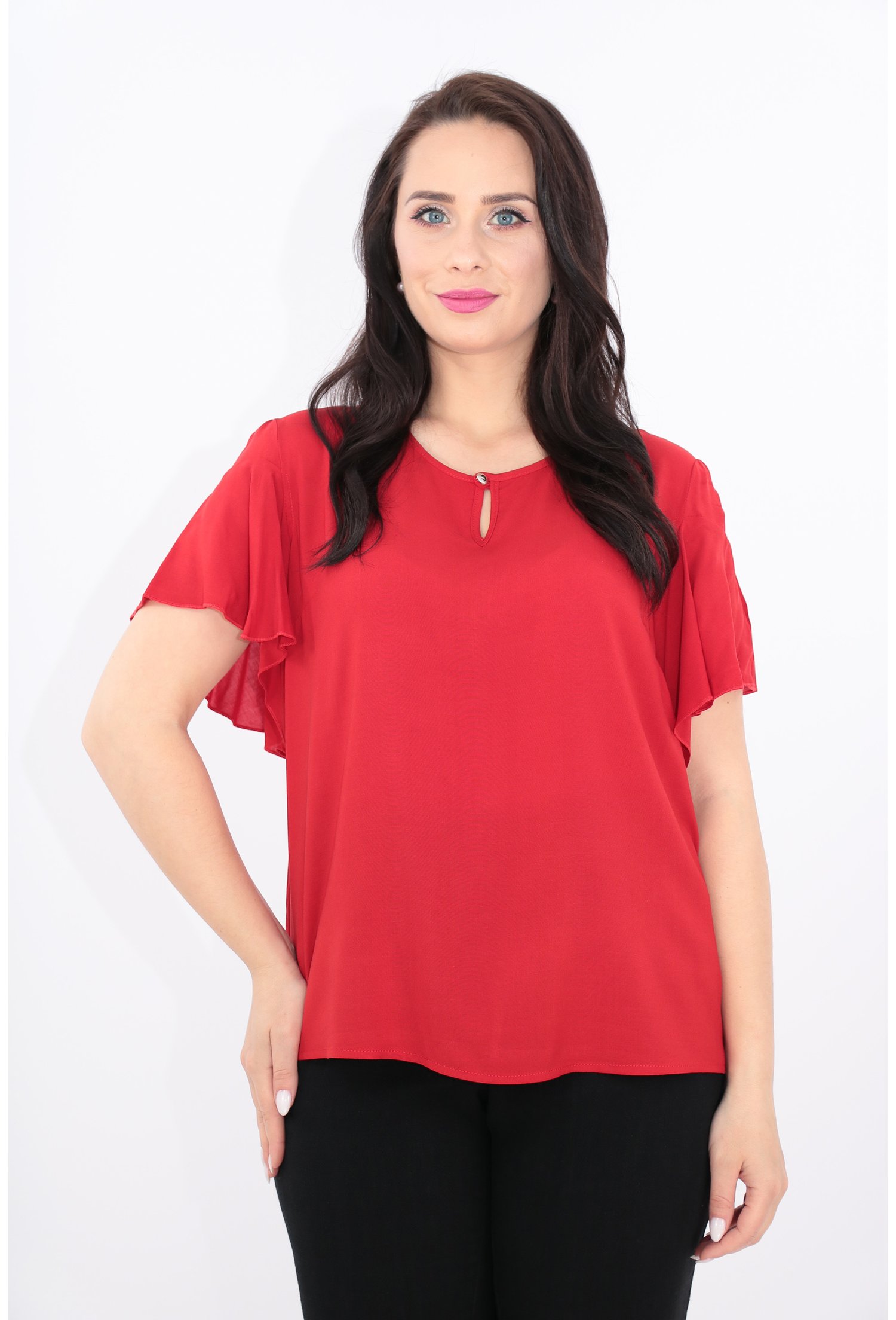 Bluza rosie cu maneci scurte cu volane
