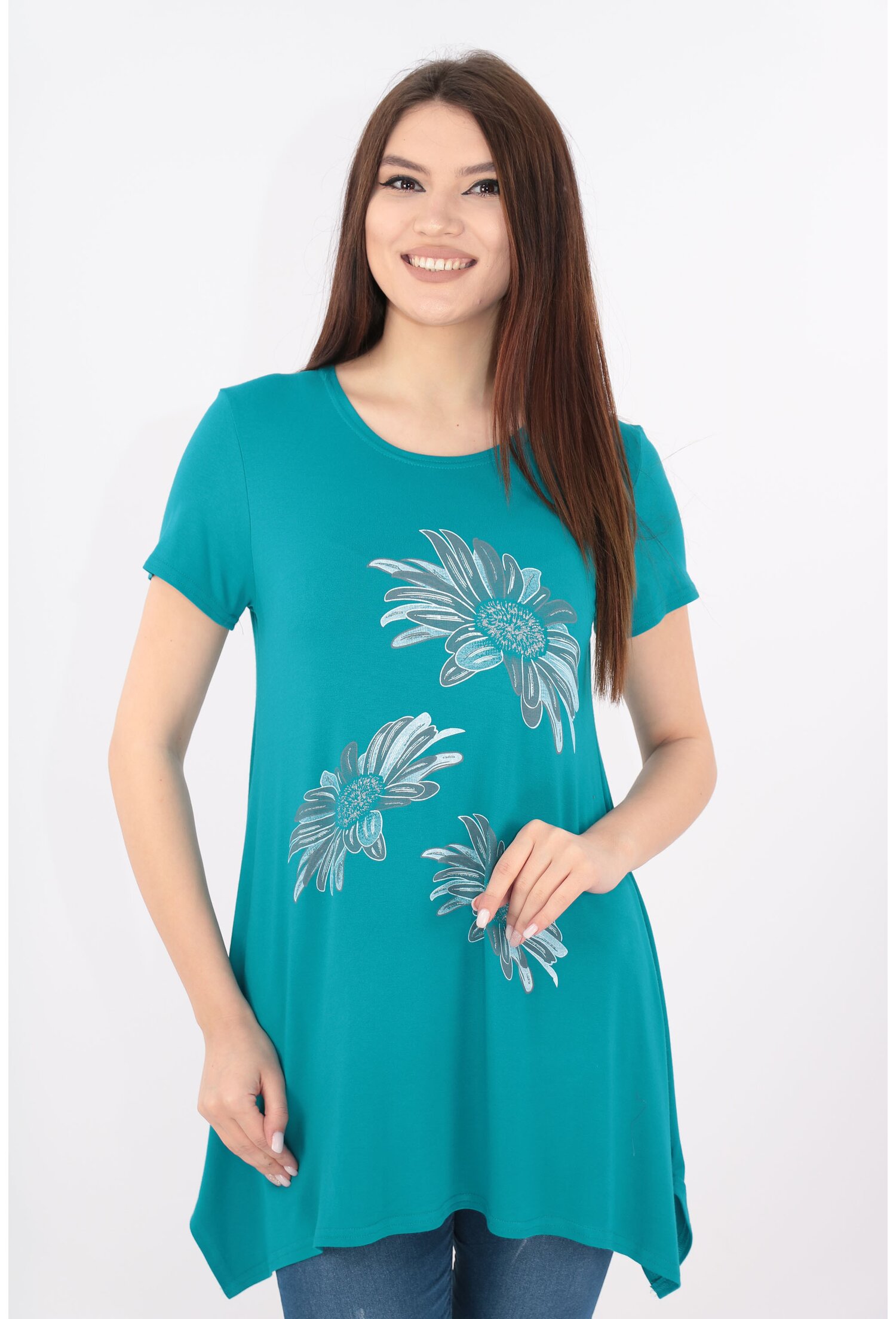 Bluza turcoaz cu print floral bleu