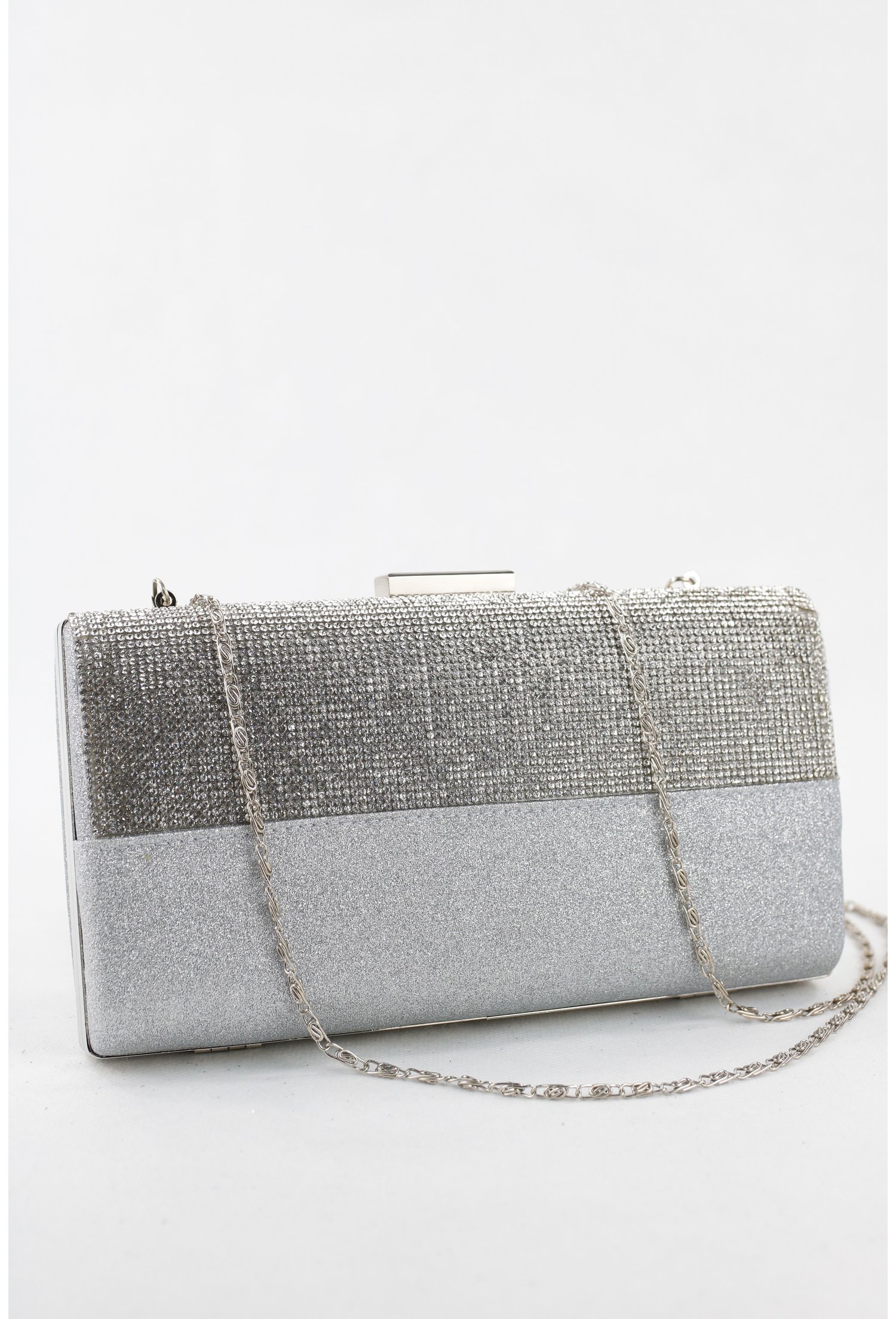 Clutch argintiu elegant cu strasuri
