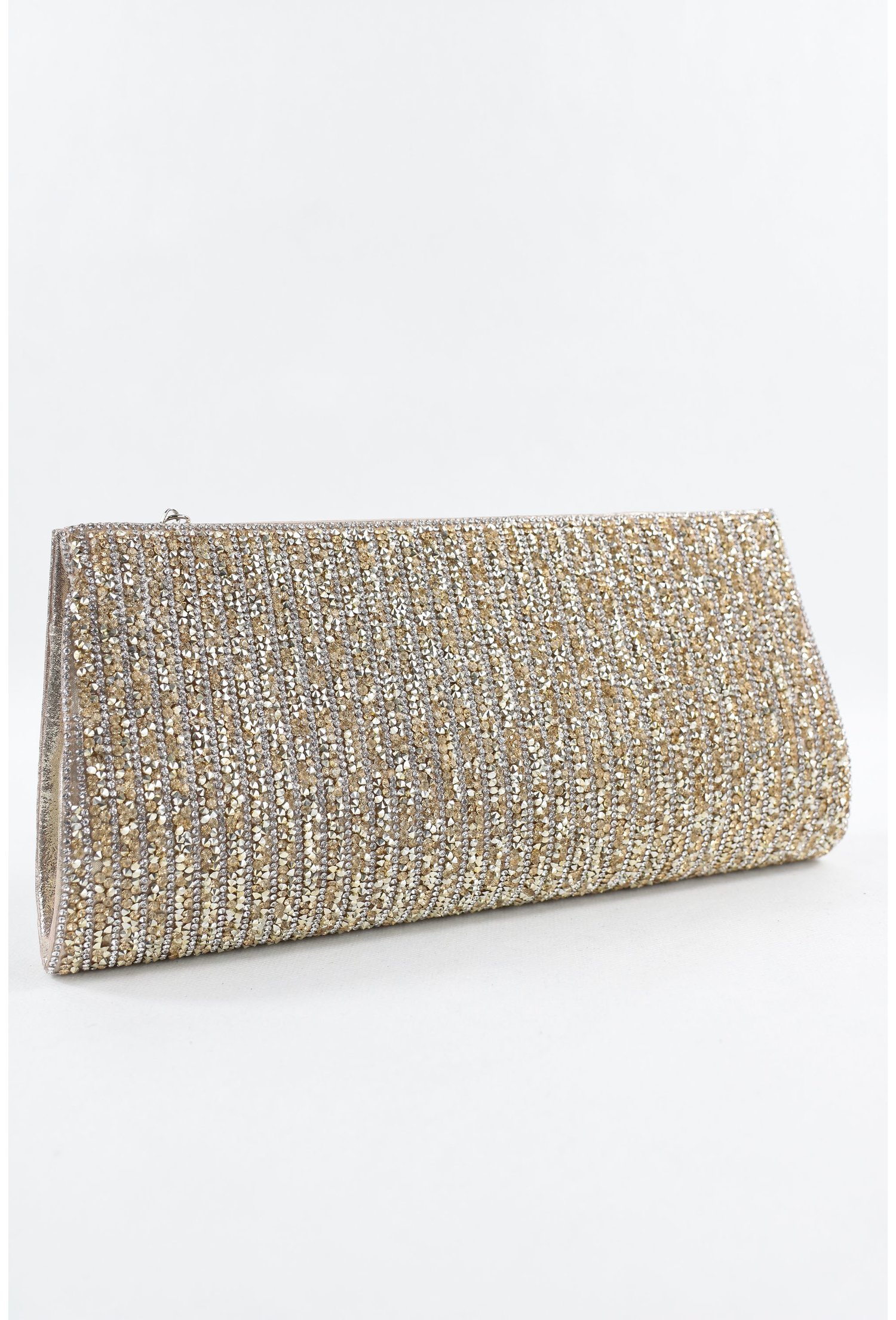 Clutch auriu din material textil sidefat cu strasuri