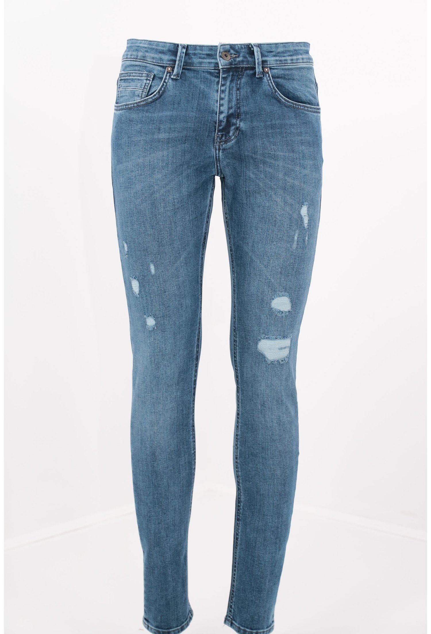 Jeans albastri slim fit decolorati si deteriorati