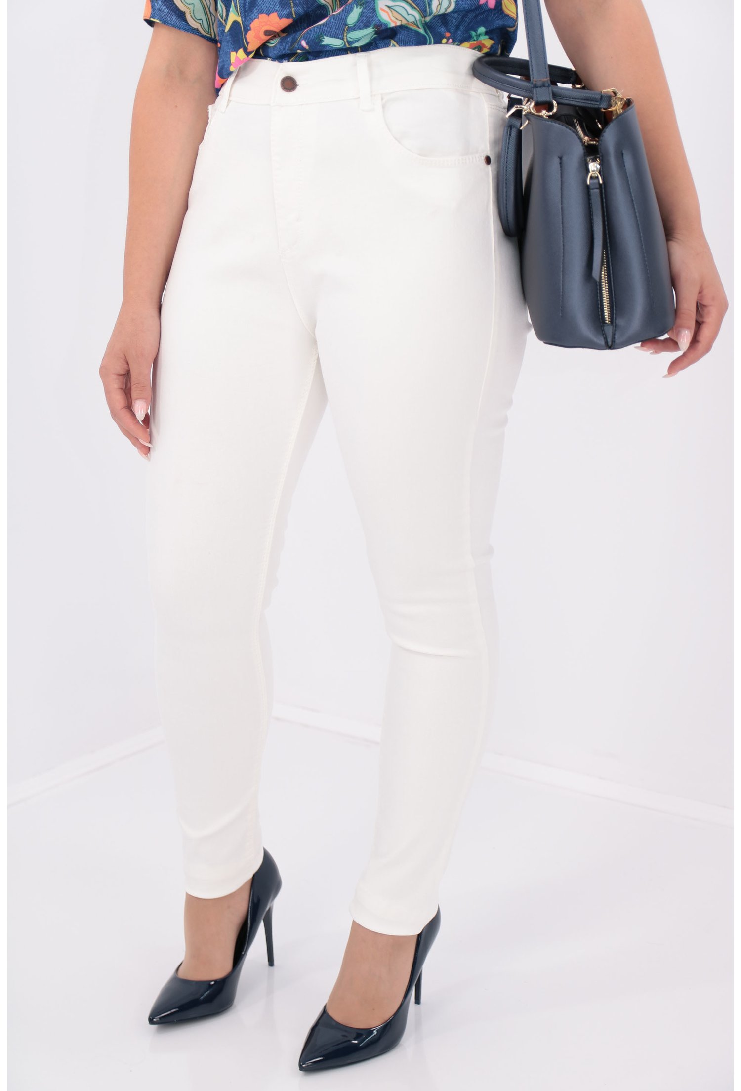 Jeans albi skinny fit cu talie inalta