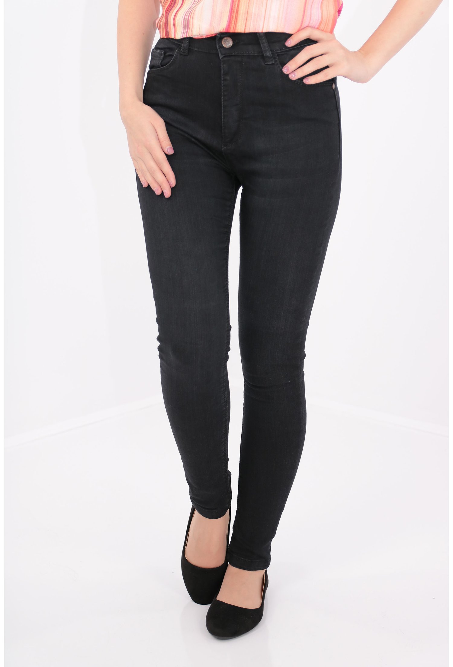 Jeans negri skinny fit cu talie inalta