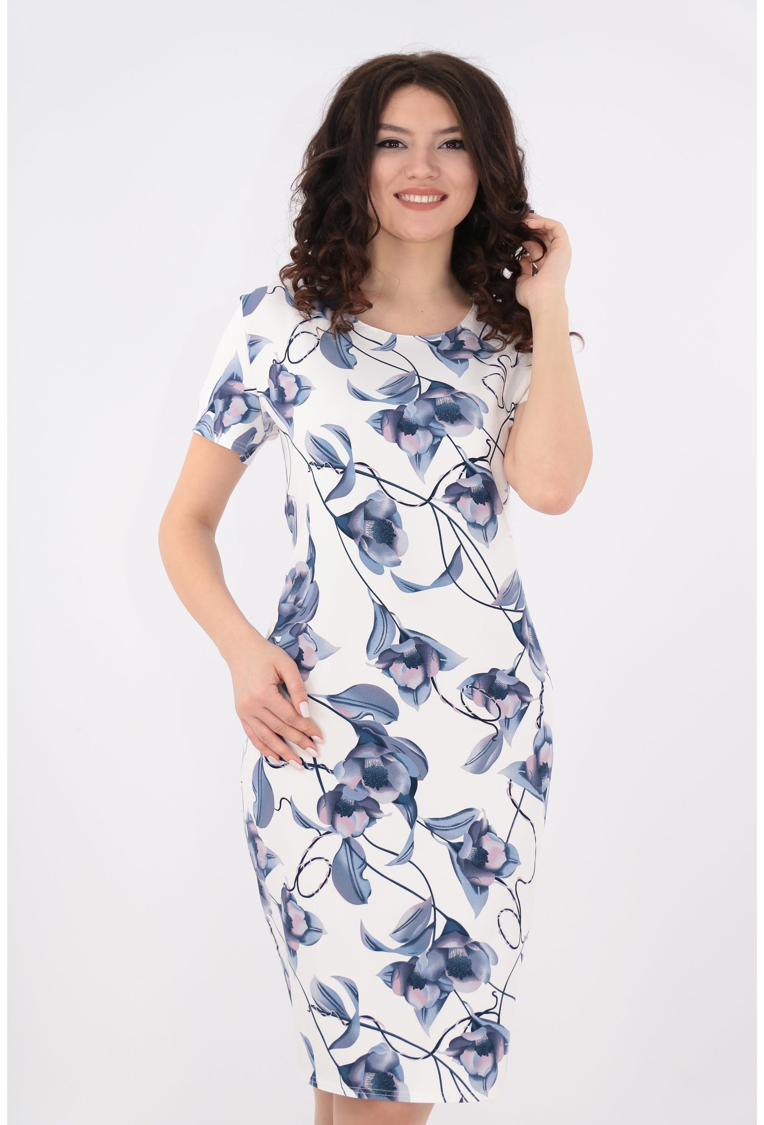 Rochie alba cu print floral albastru