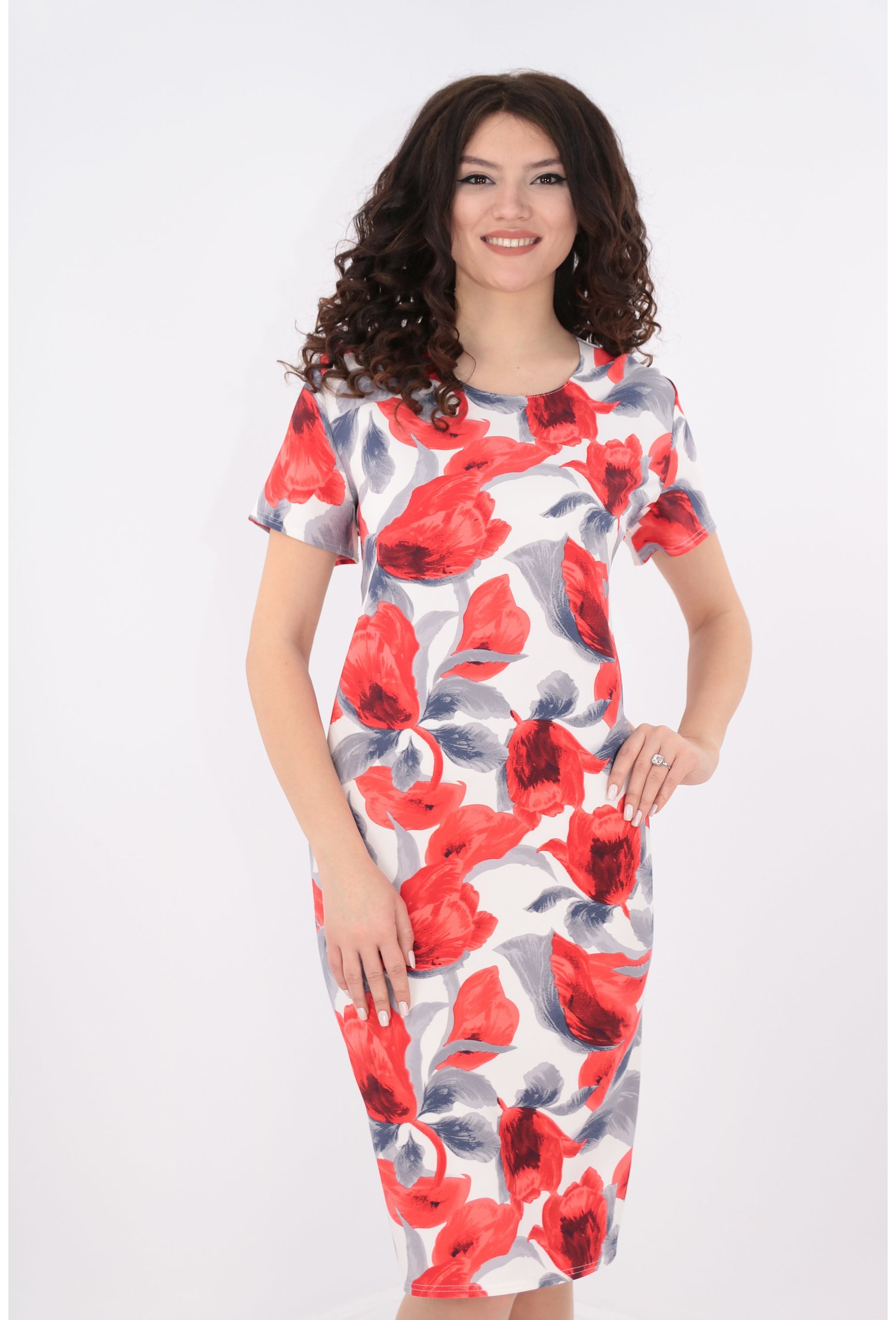 Rochie alba cu print rosu si gri
