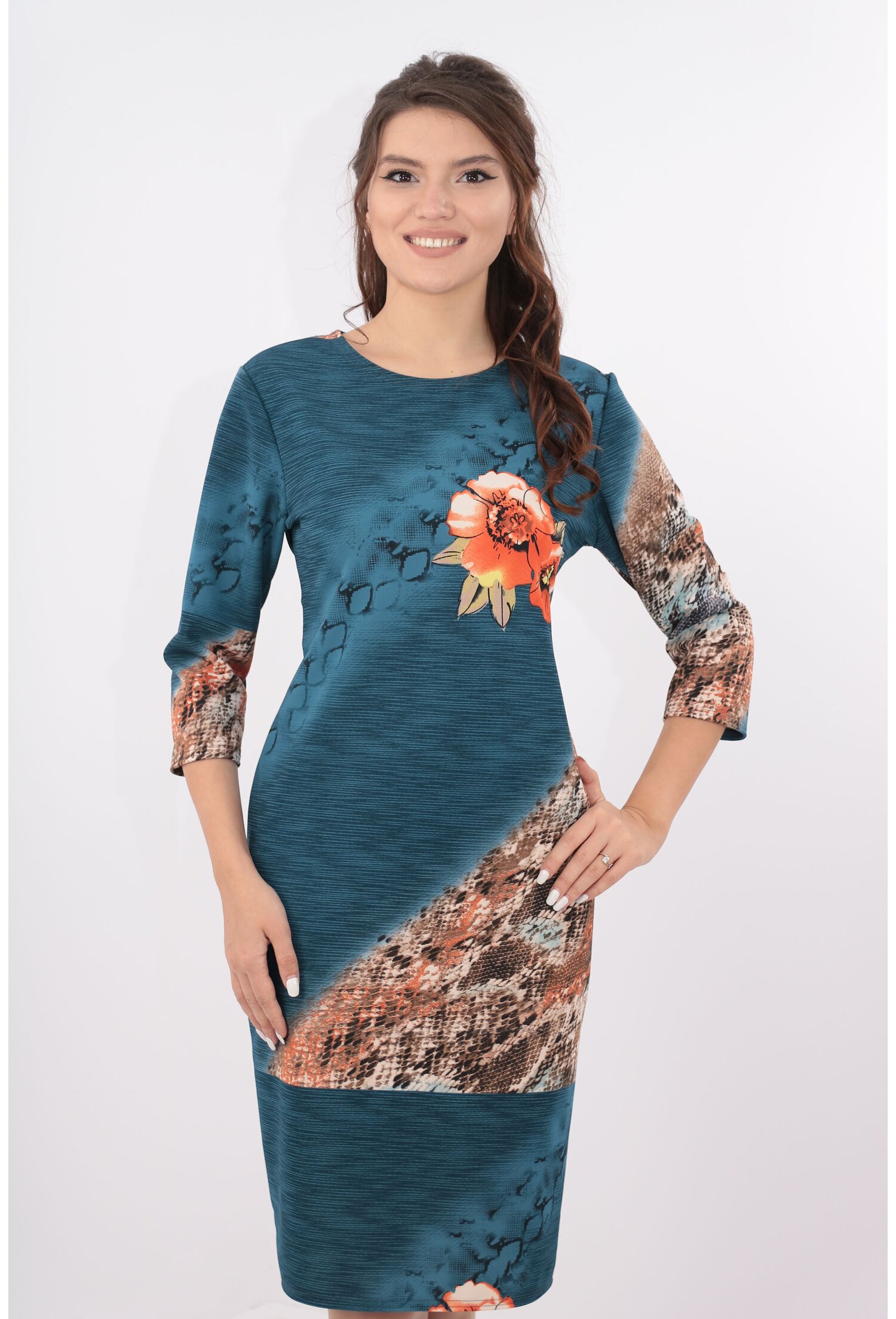 Rochie albastra cu desen floral orange