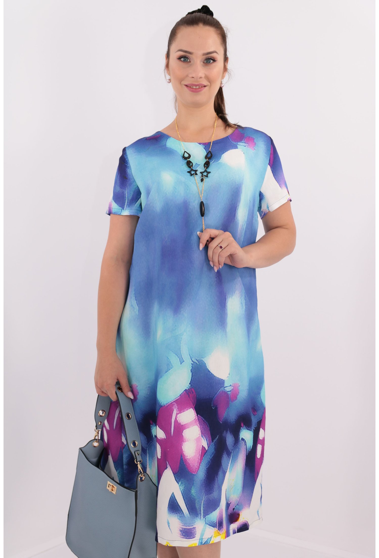 Rochie albastra cu print multicolor