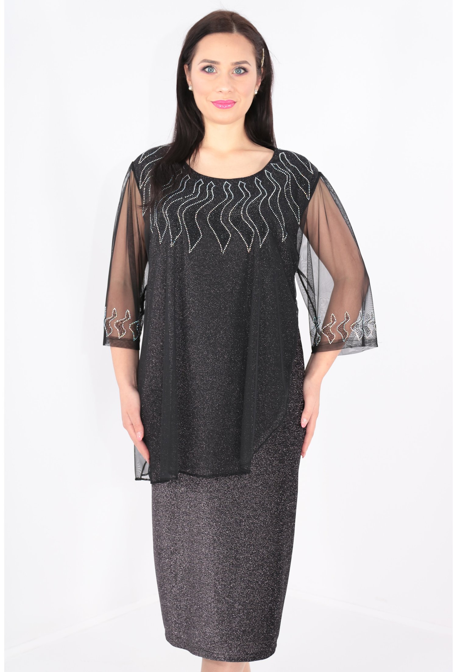 Rochie argintie cu voal negru si strasuri