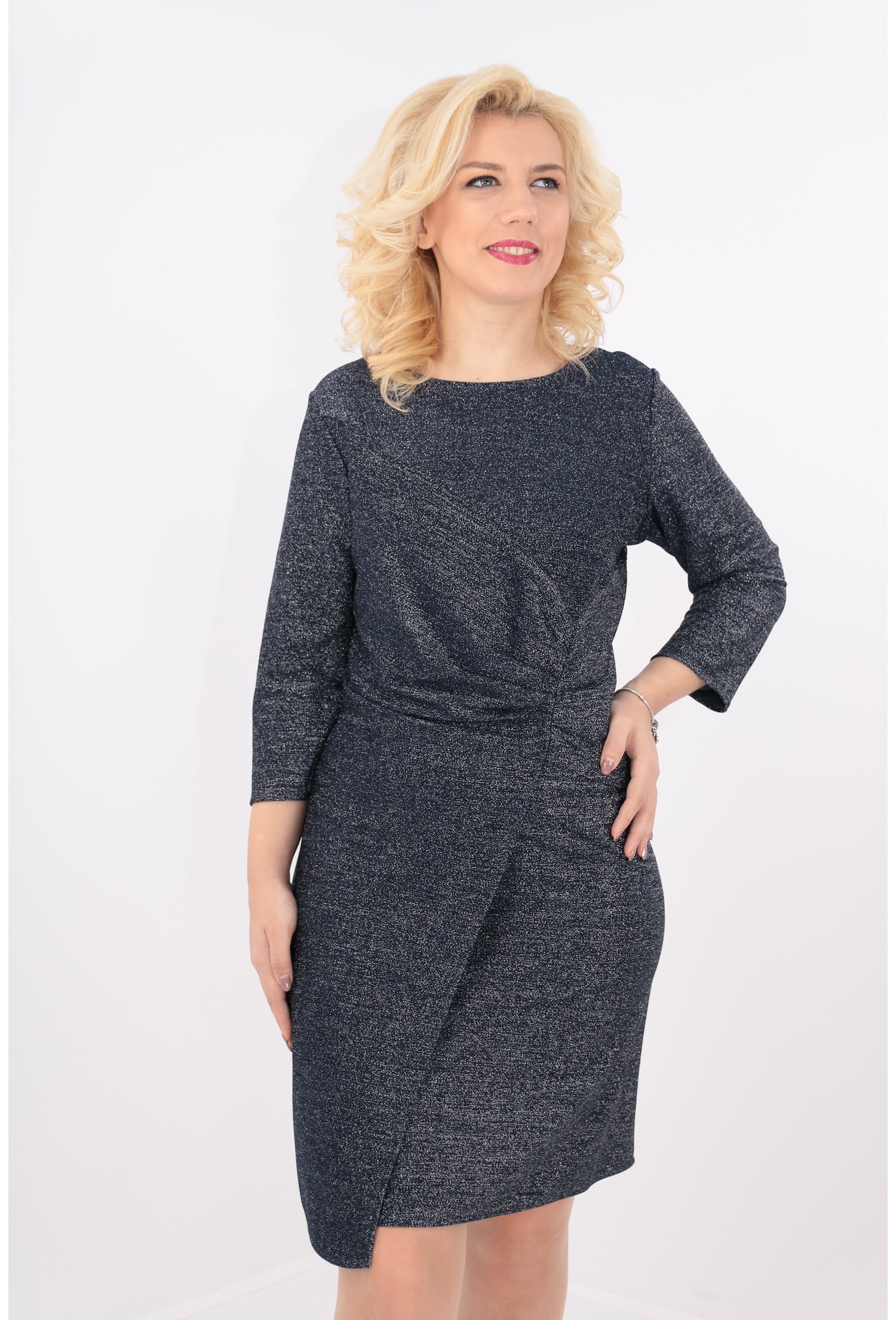 Rochie asimetrica din lurex fin bleumarin