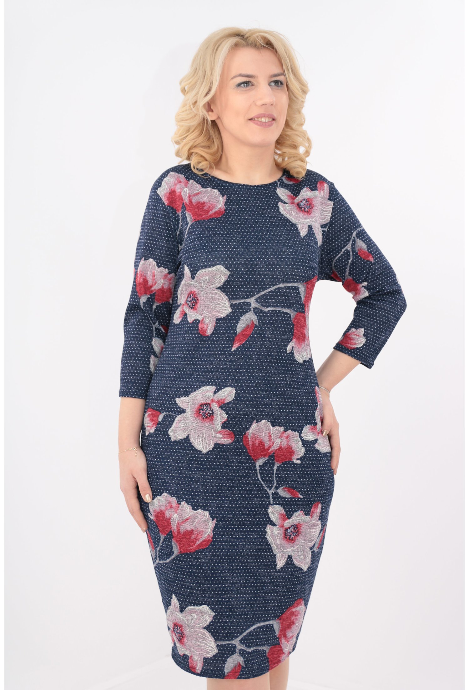 Rochie bleumarin cu buline mici si print maxi