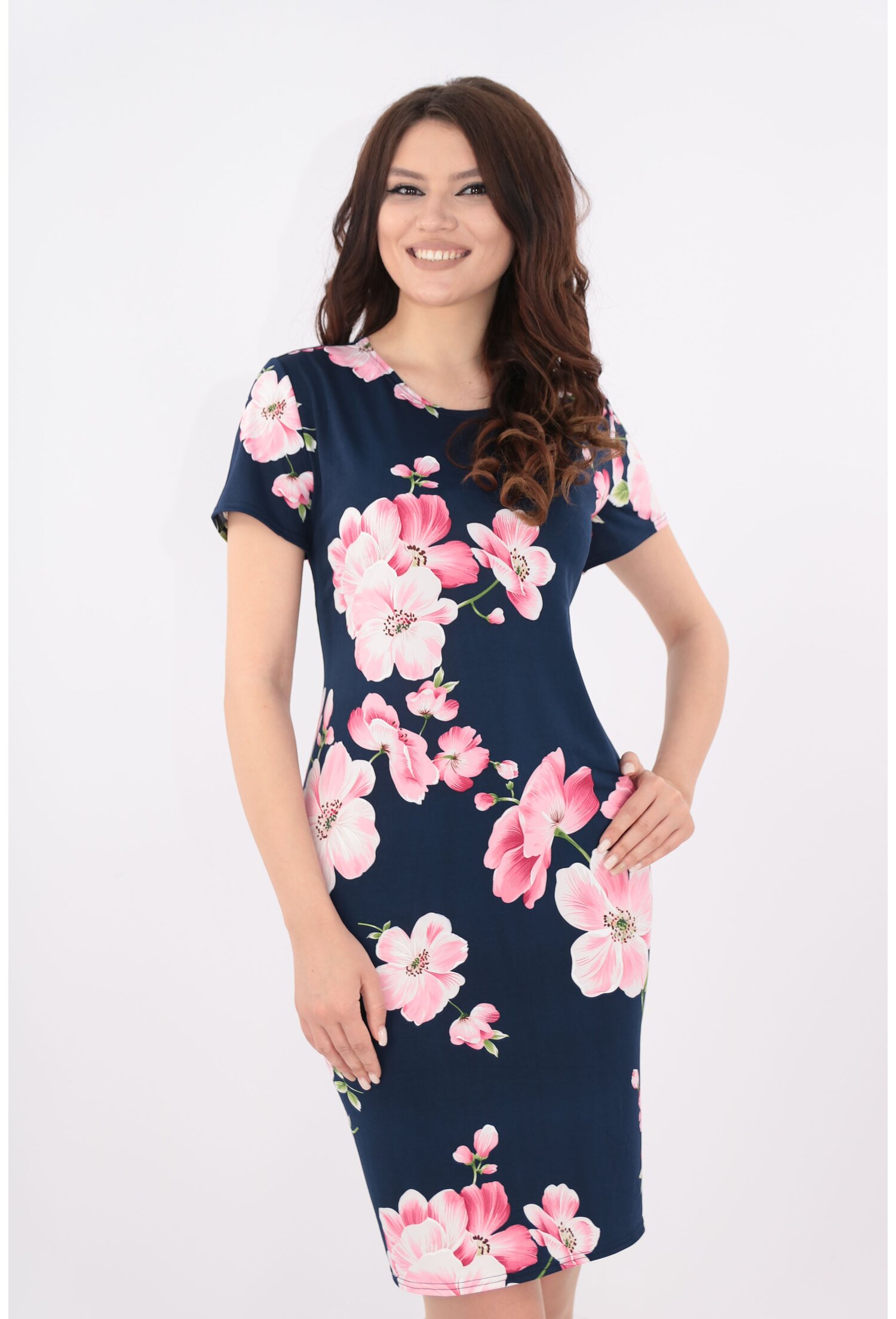 Rochie bleumarin cu imprimeu maxi roz