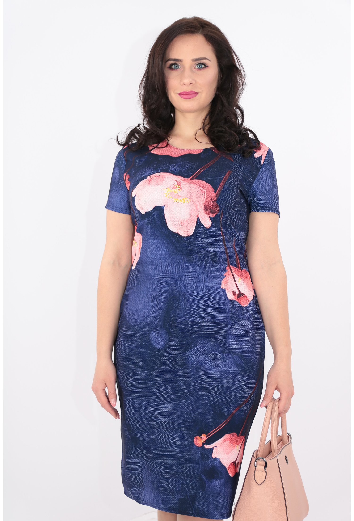 Rochie bleumarin cu print floral roz