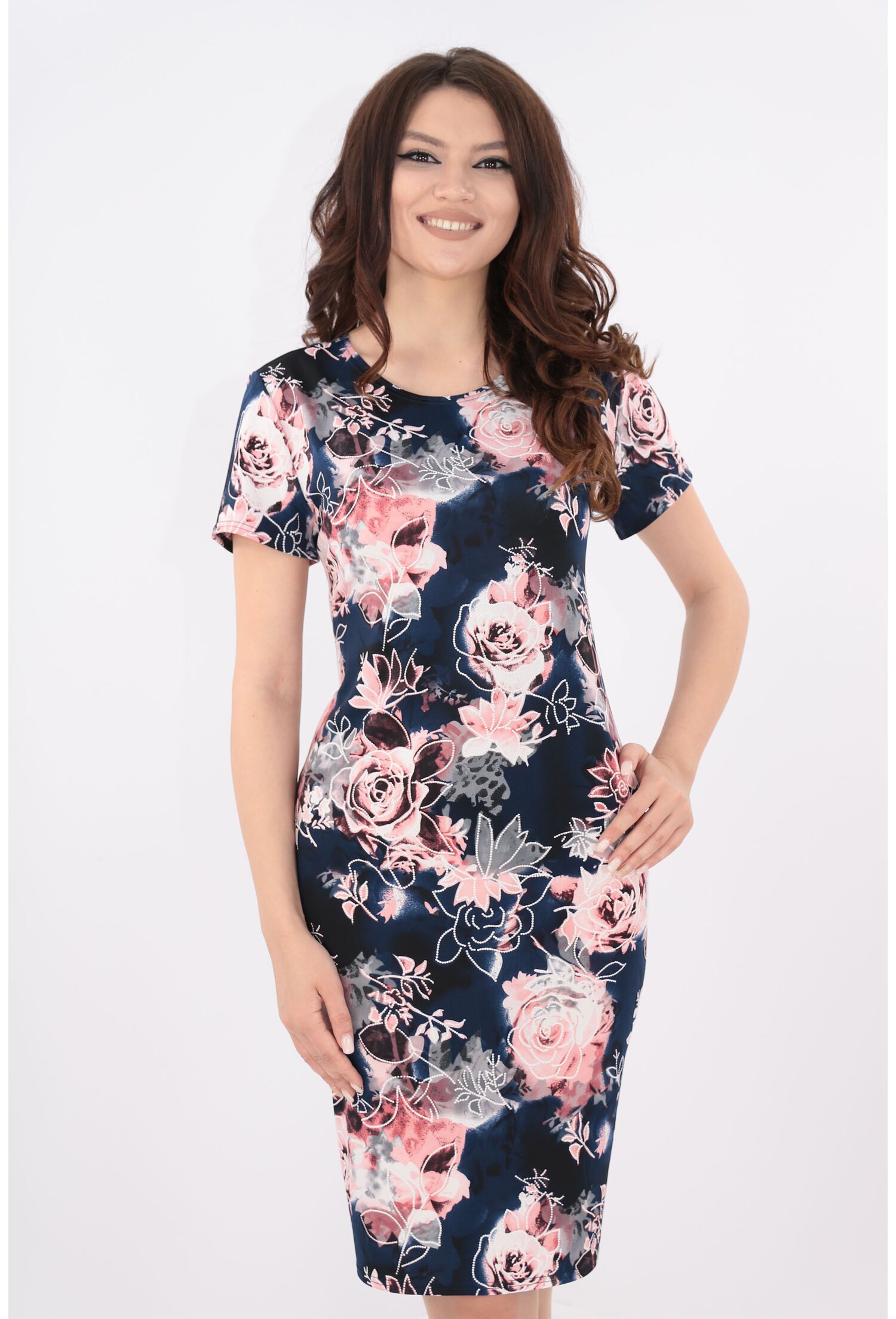 Rochie bleumarin cu trandafiri roz