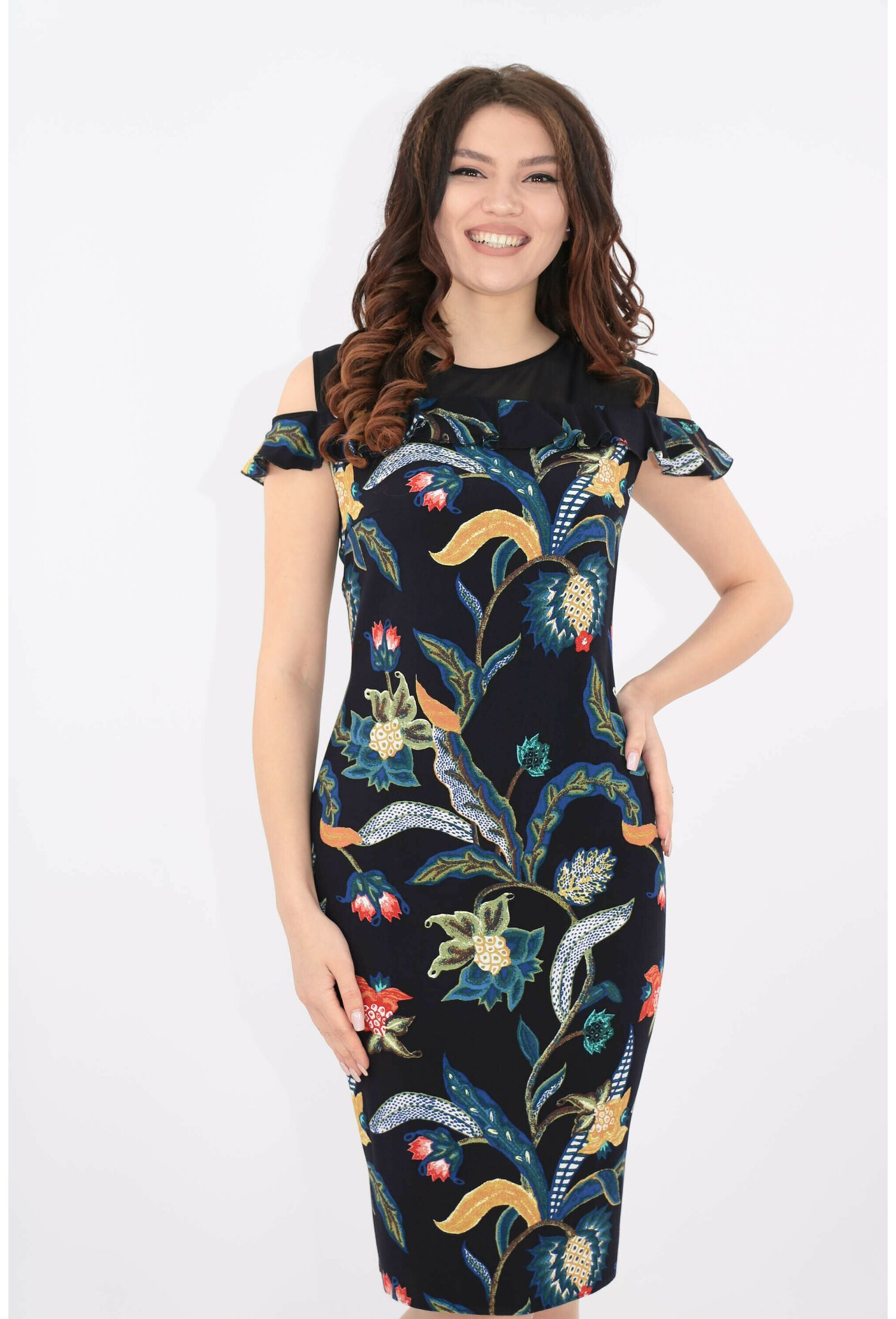 Rochie cambrata bleumarin cu print floral multicolor