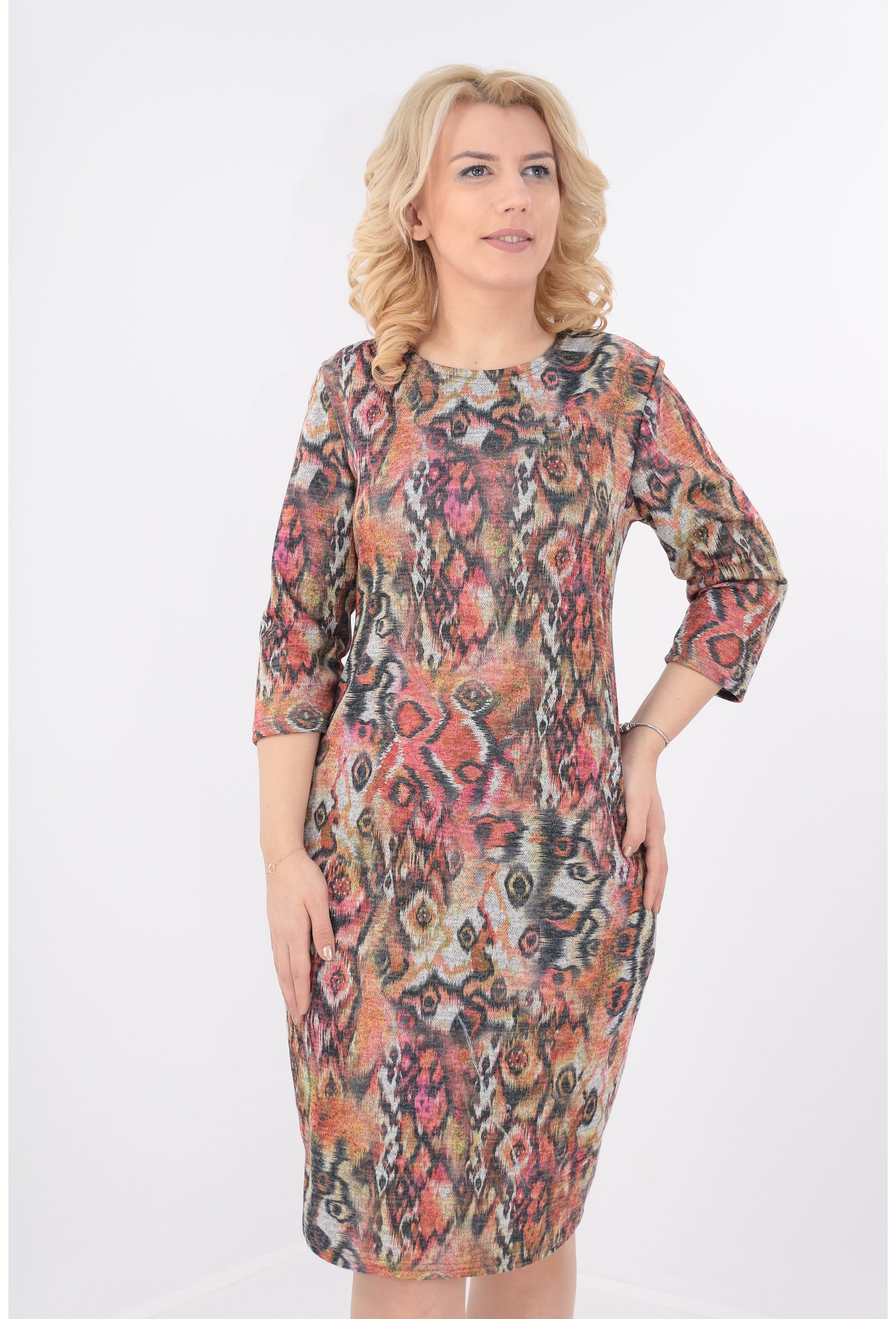 Rochie casual caramizie cu print multicolor