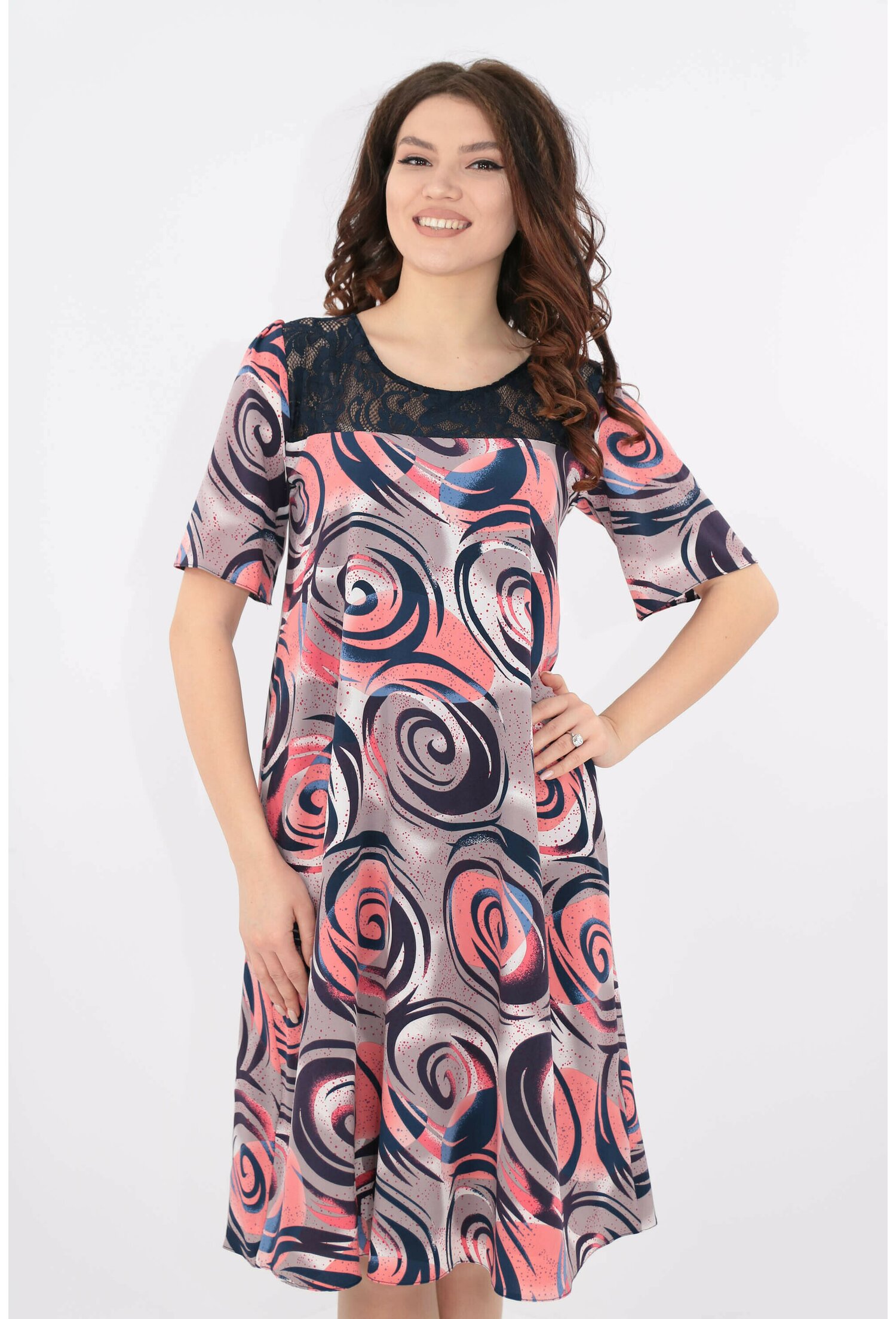 Rochie cu print abstract roz si dantela bleumarin