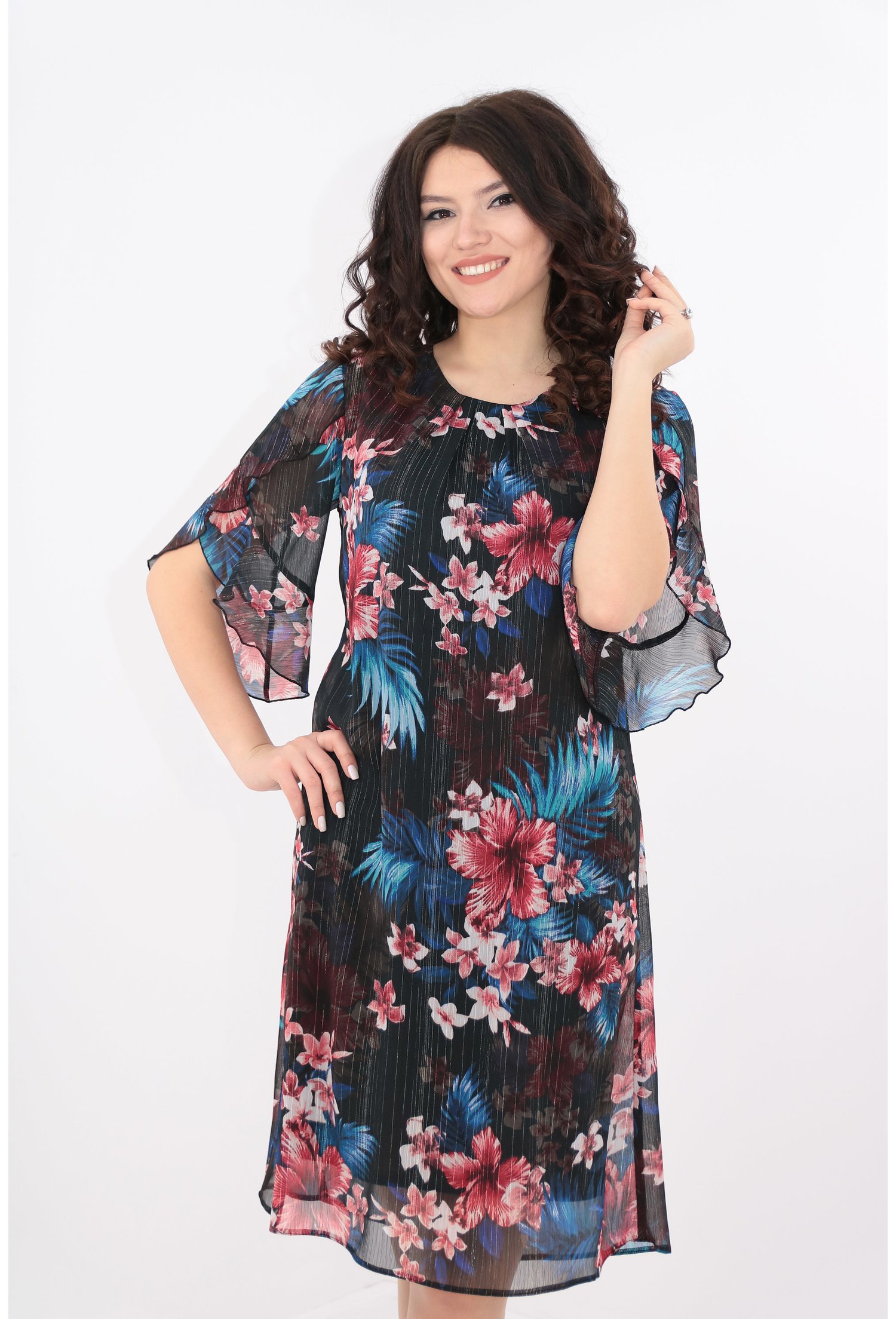 Rochie diafana din voal cu print floral roz si albastru