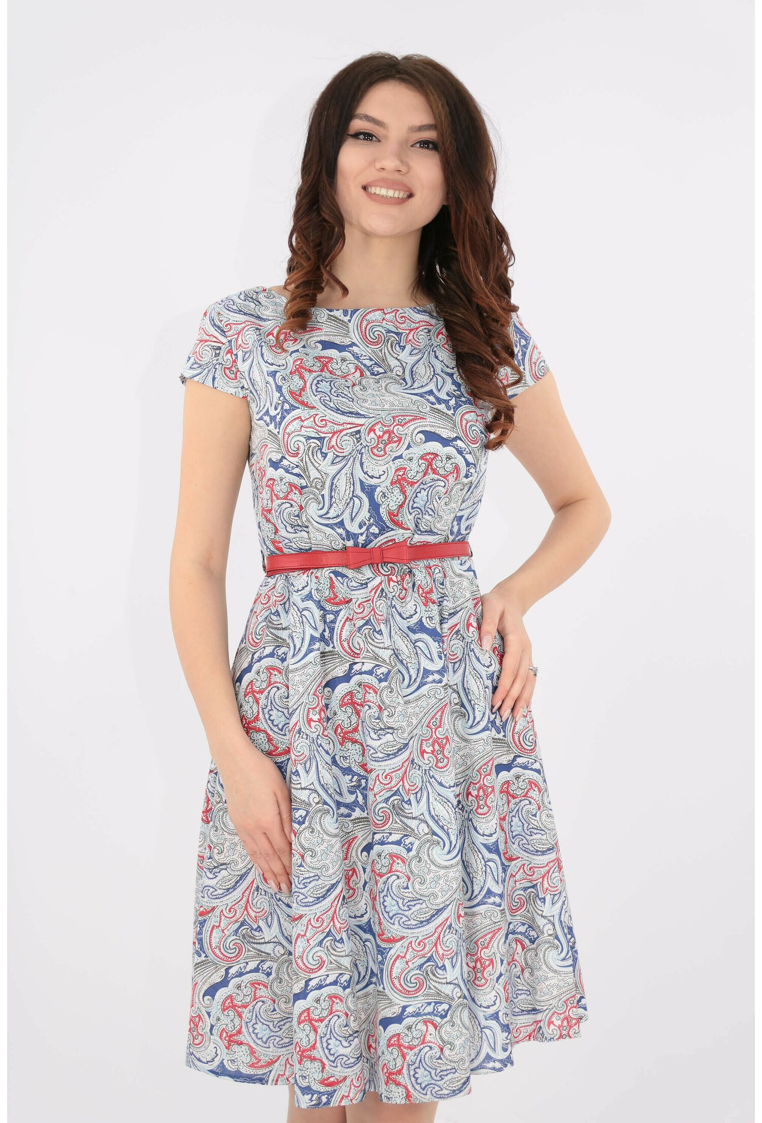 Rochie din bumbac imprimat cu rosu si albastru