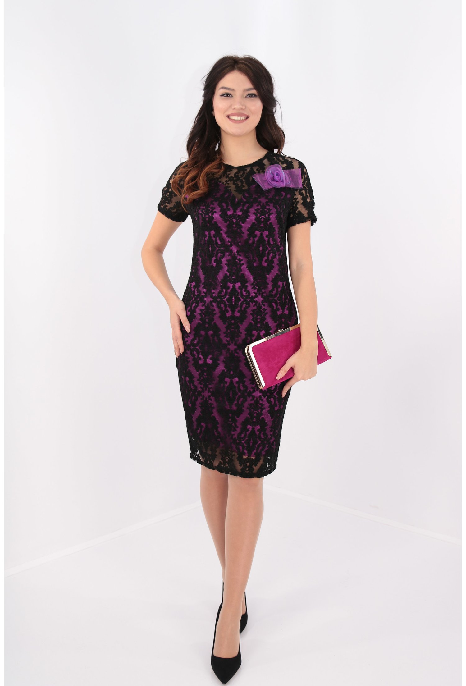 Rochie din dantela si saten fucsia