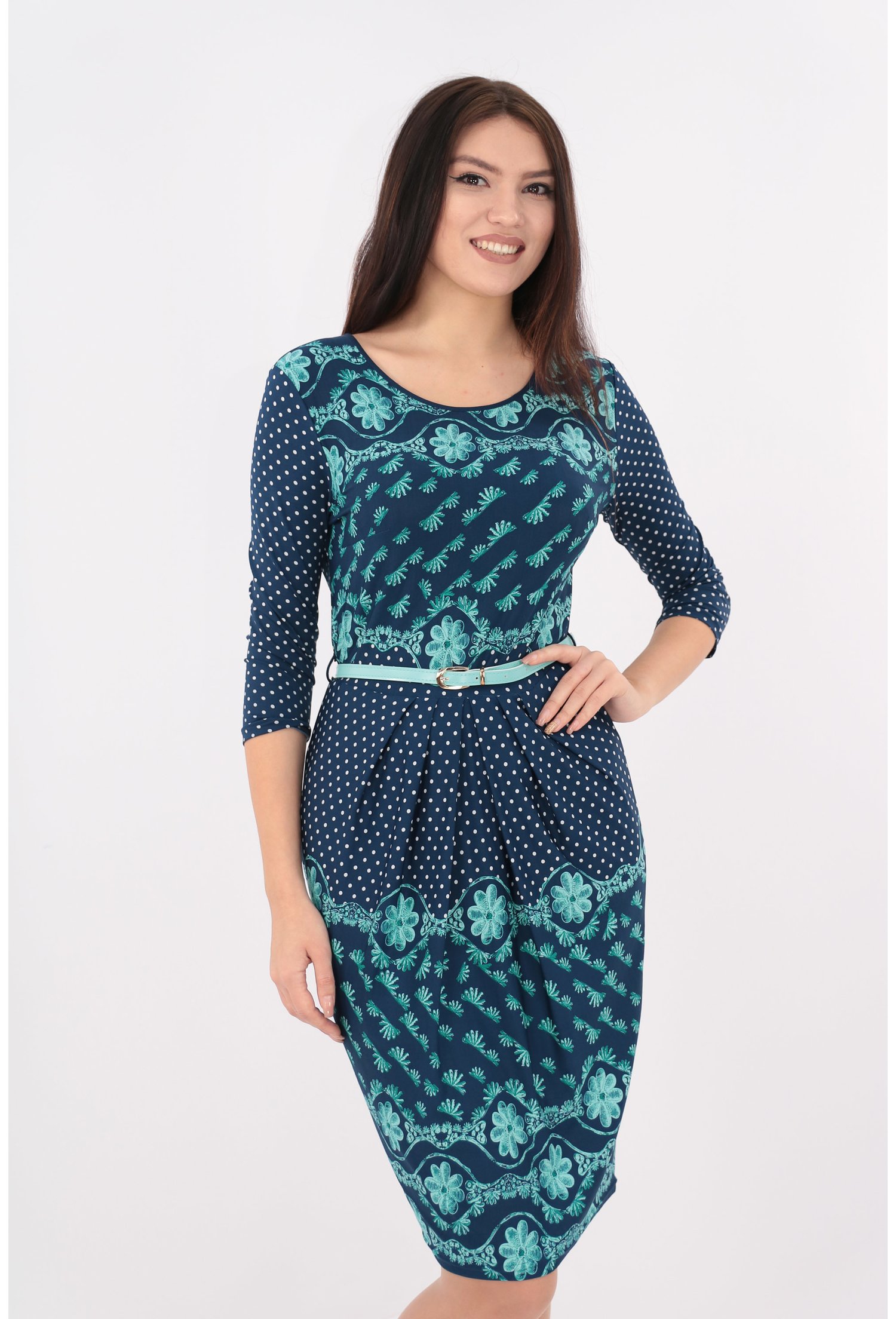 Rochie din jerse bleumarin cu buline si print bordurat