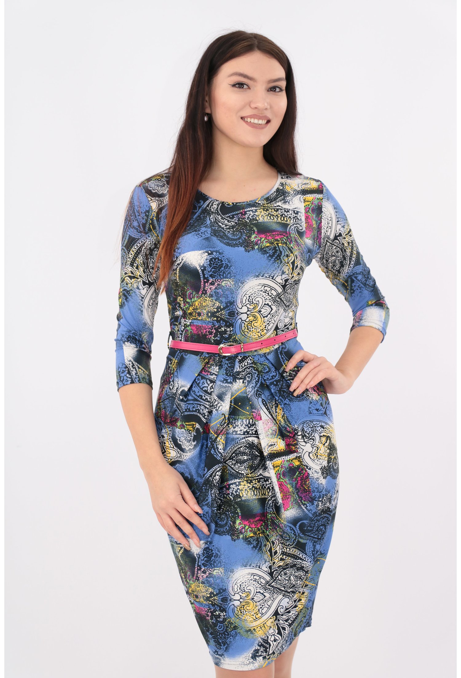 Rochie din jerse multicolor cu pliuri in talie