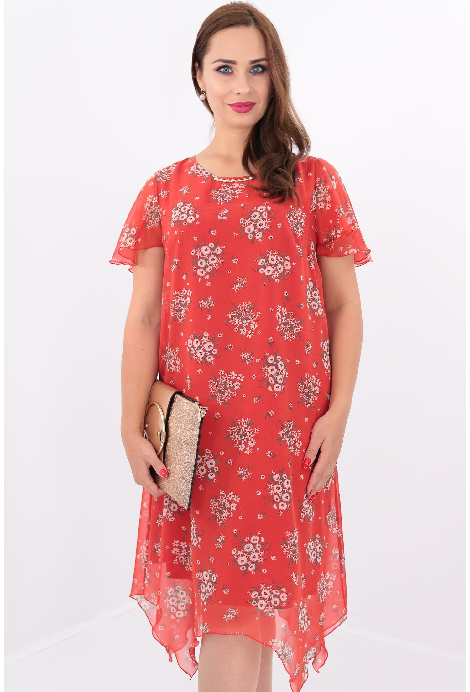 Rochie din voal caramiziu cu print floral si tiv asimetric