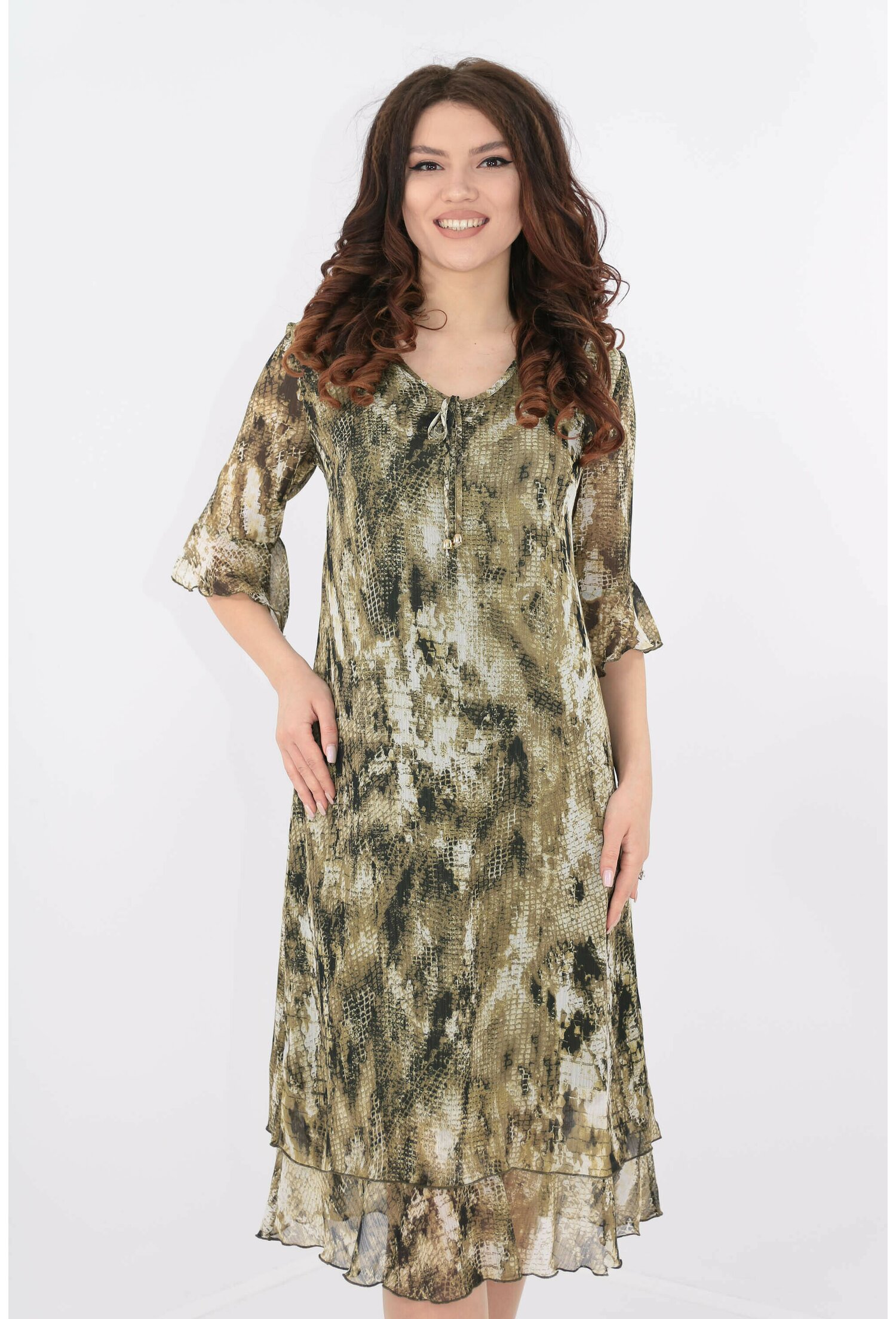 Rochie din voal olive cu print negru