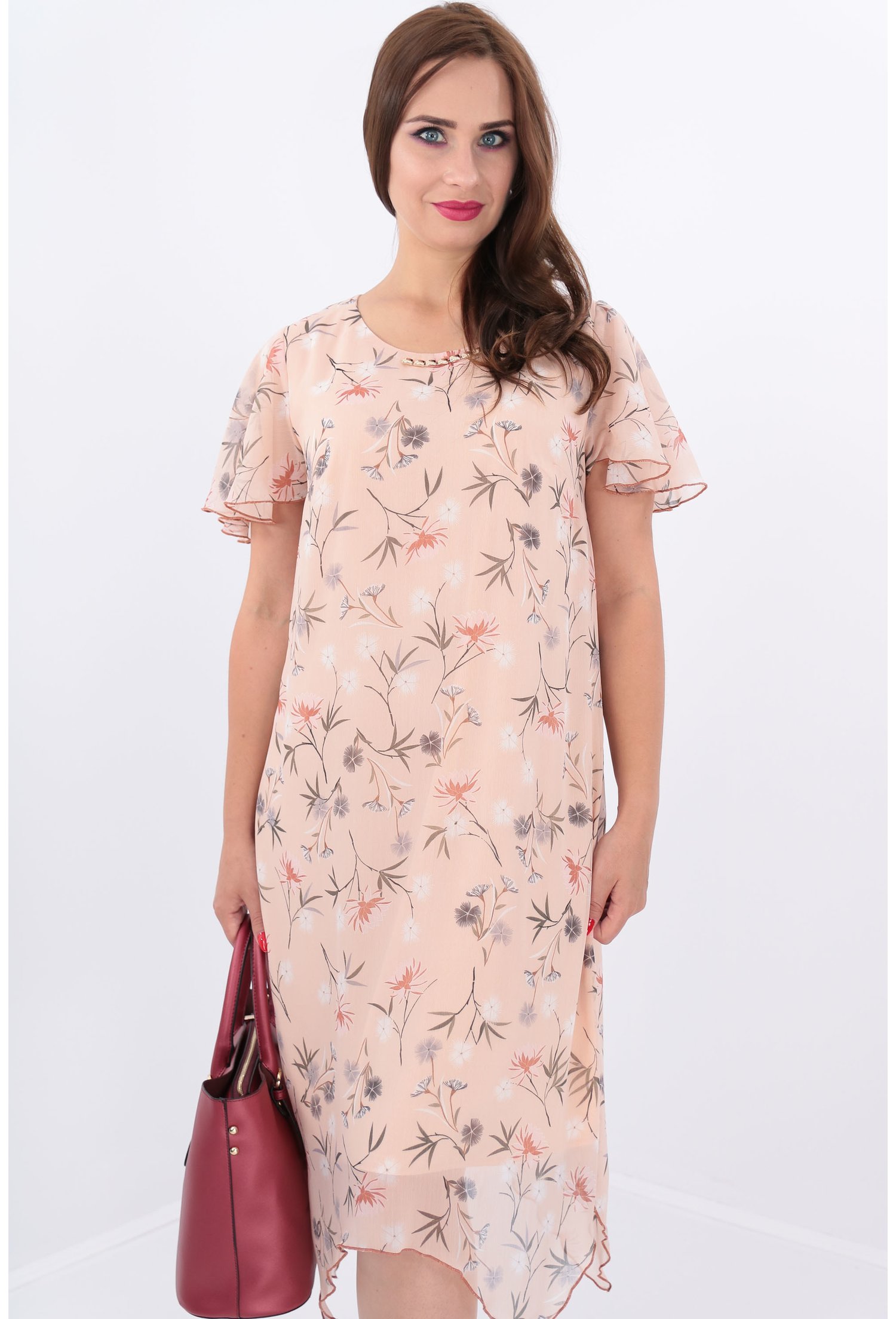 Rochie din voal roz pudra cu print floral si tiv asimetric