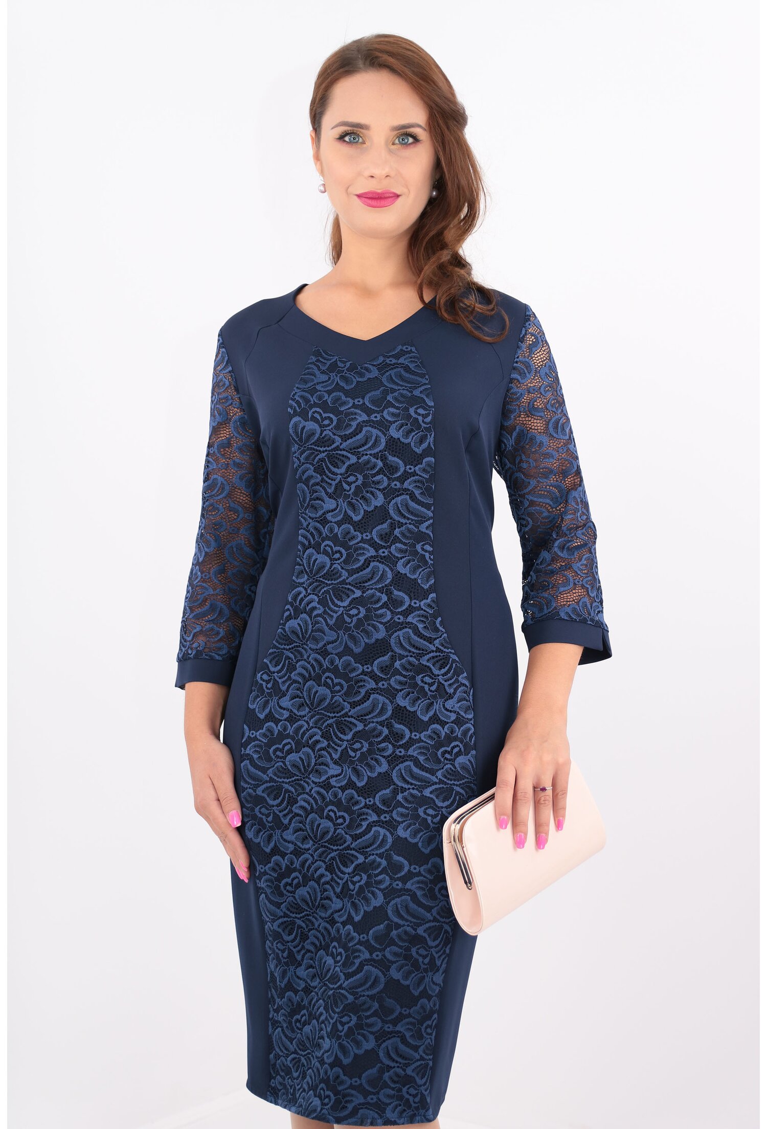 Rochie dreapta bleumarin din stofa si dantela
