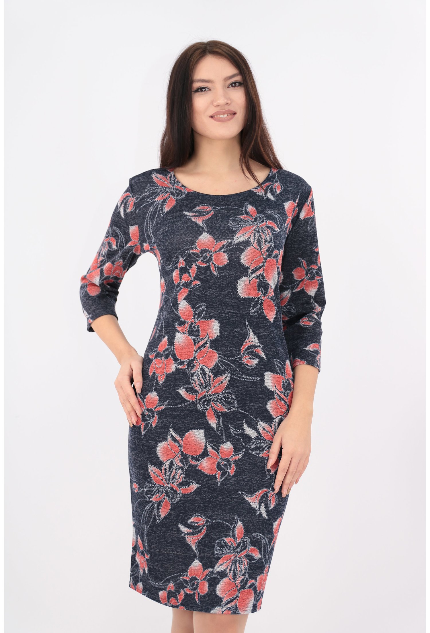 Rochie dreapta din vascoza bleumarin cu flori caramizii