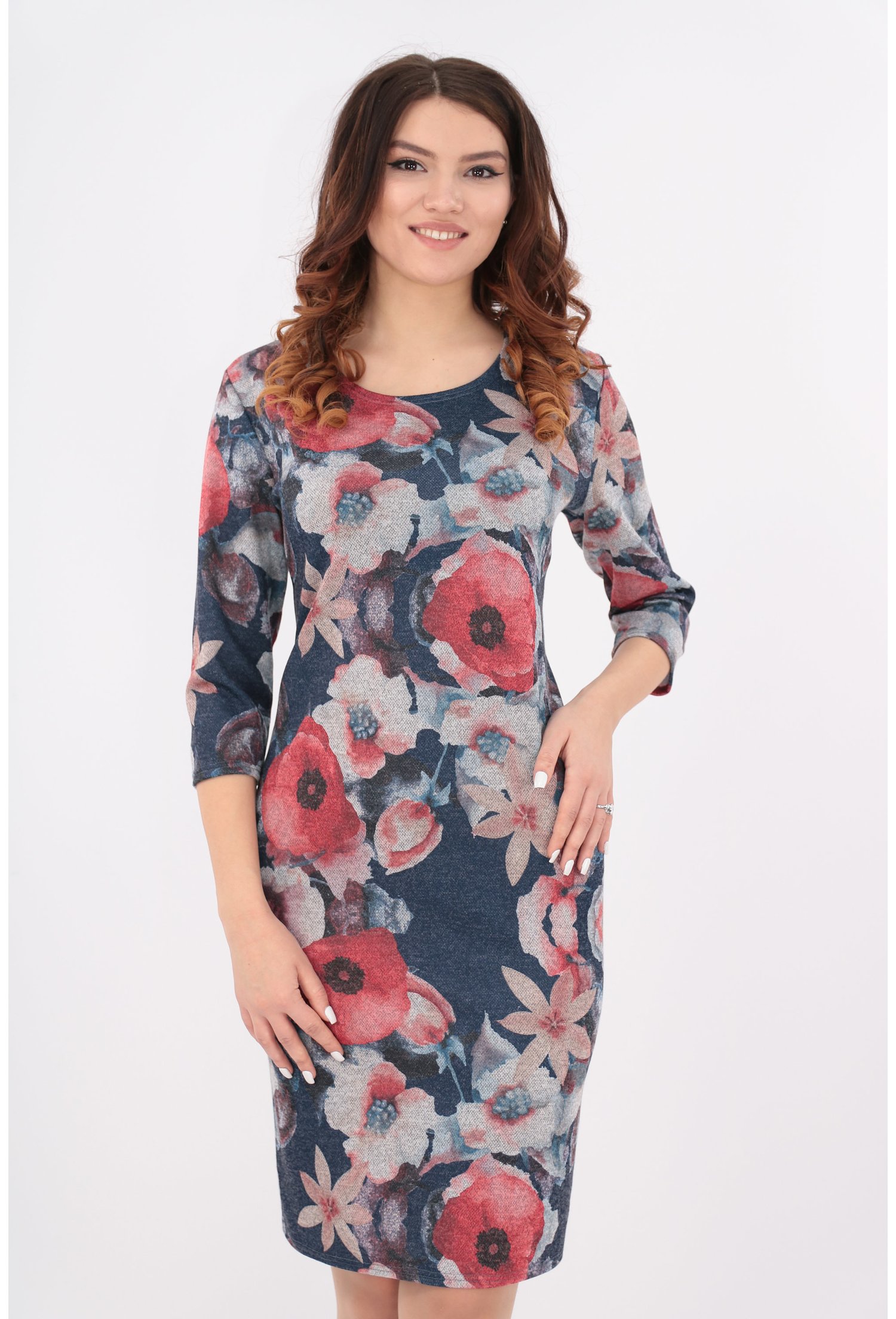 Rochie dreapta din vascoza bleumarin cu print floral