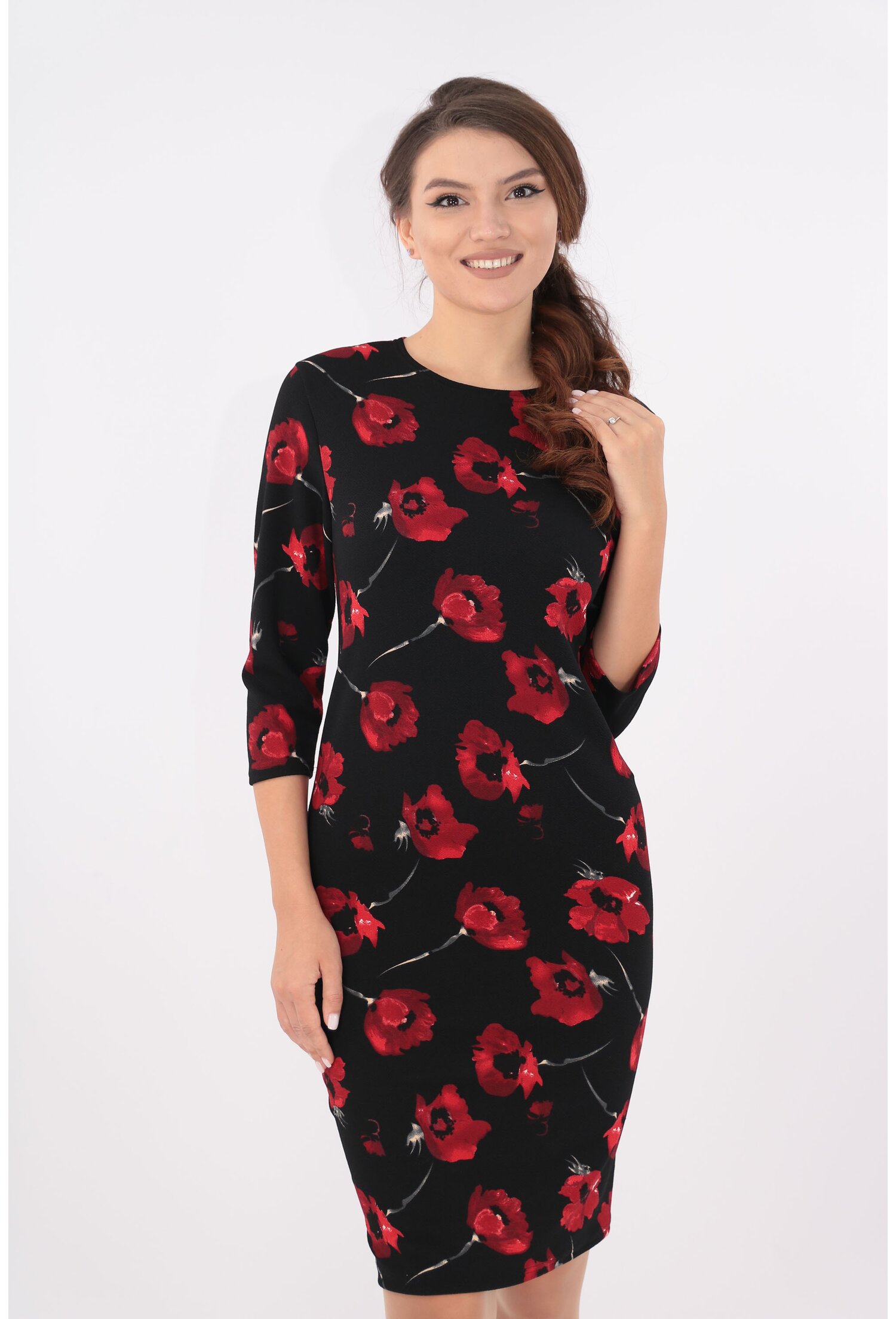 Rochie dreapta neagra cu maci rosii